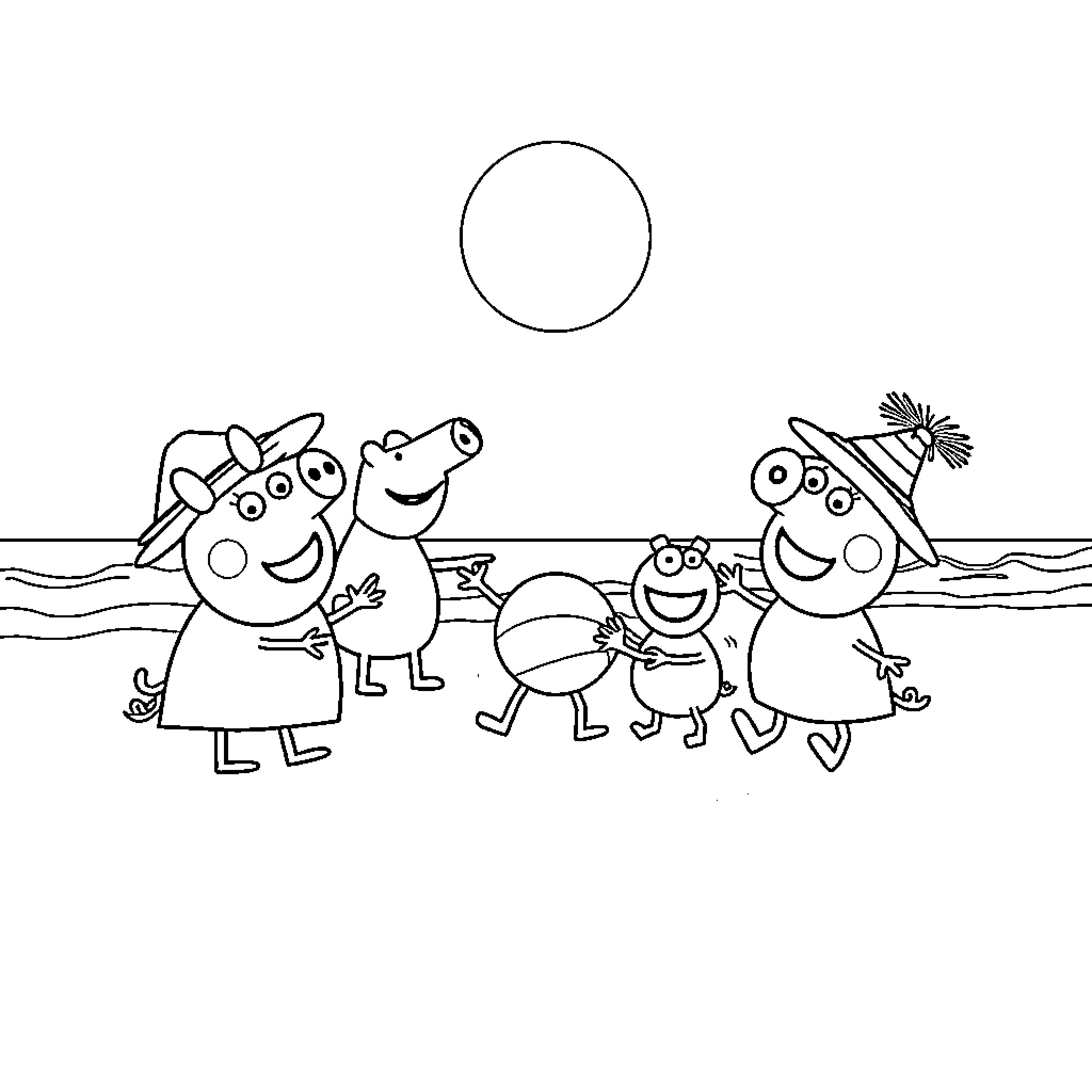 Peppa Pig family enjoying a day at the beach Coloring Page (free black-and-white line drawing printable PDF for all, from beginners to advanced learners, including children, teens, adults, and seniors)