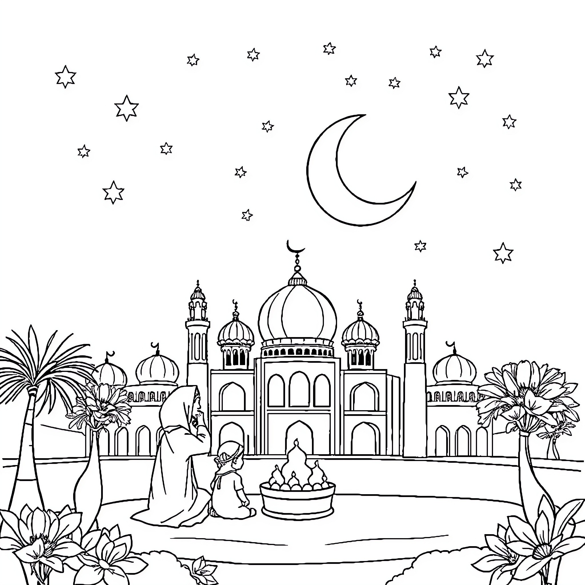 Ramadan celebration at the mosque with crescent moon Coloring Page (free black-and-white line drawing printable PDF for all, from beginners to advanced learners, including children, teens, adults, and seniors)