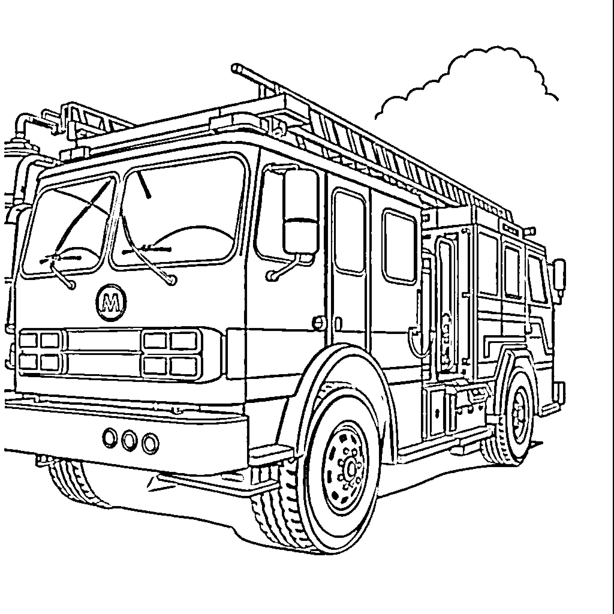 Fire Truck with Ladder and Gear Coloring Page (free black-and-white line drawing printable PDF for all, from beginners to advanced learners, including children, teens, adults, and seniors)