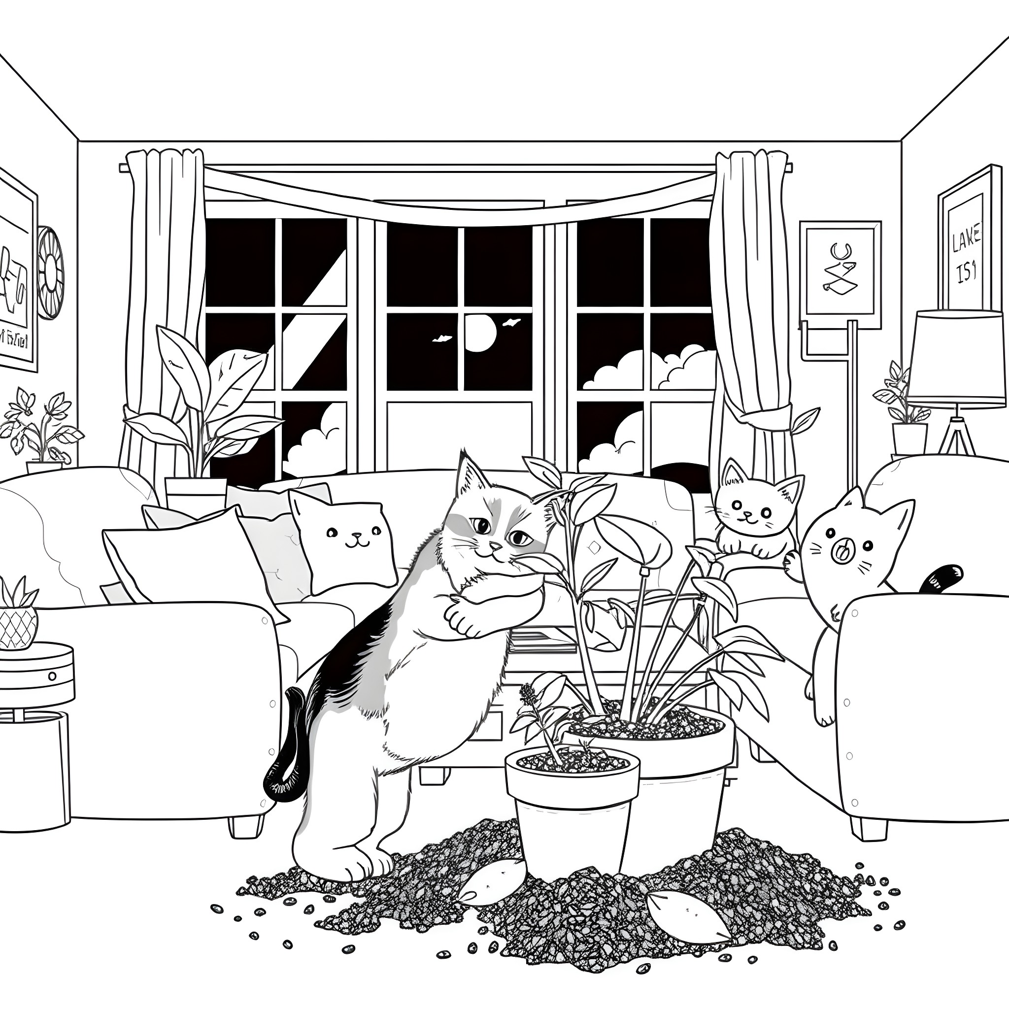 Cat Indoor Companions Exploring their Cozy Home Coloring Page (free black-and-white line drawing printable PDF for all, from beginners to advanced learners, including children, teens, adults, and seniors)