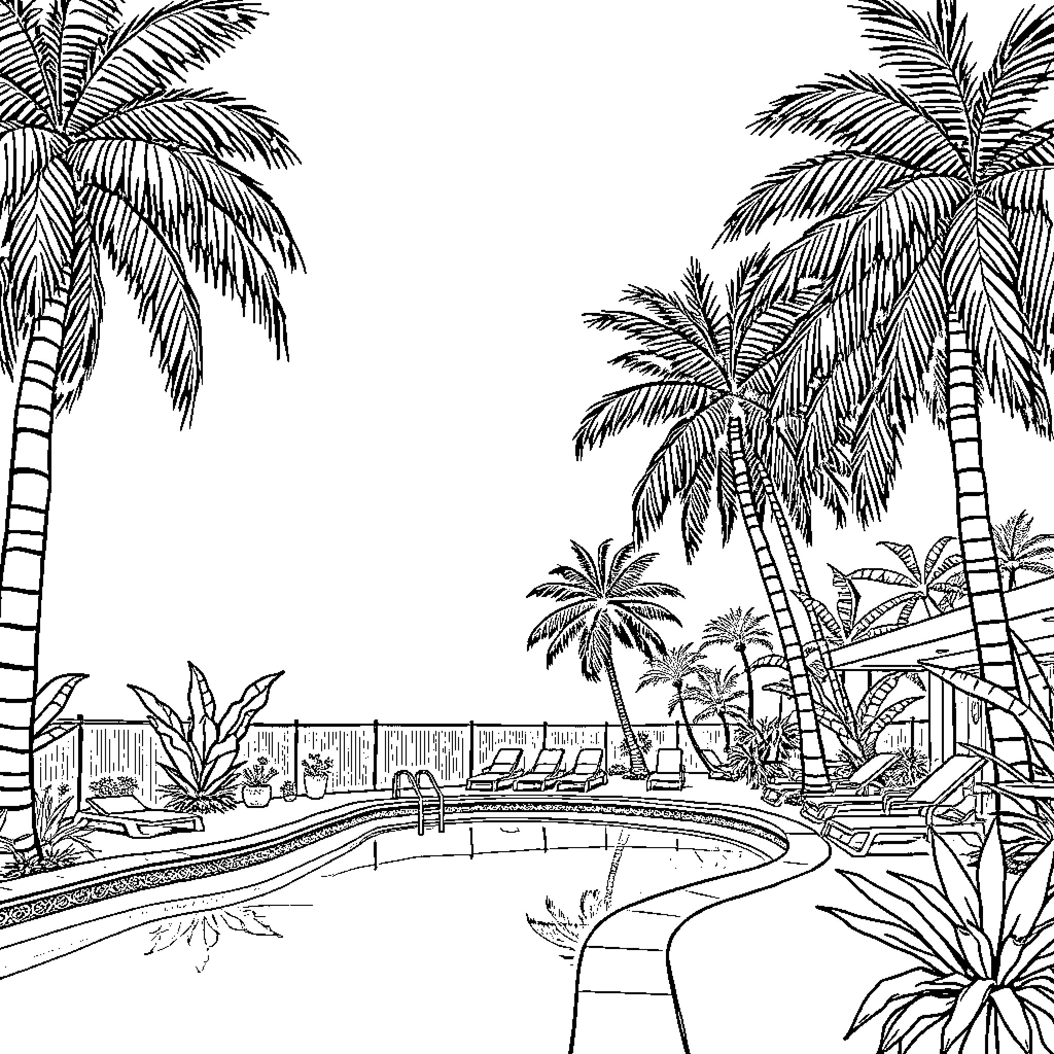 Piscina with lush tropical scenery Coloring Page (free black-and-white line drawing printable PDF for all, from beginners to advanced learners, including children, teens, adults, and seniors)