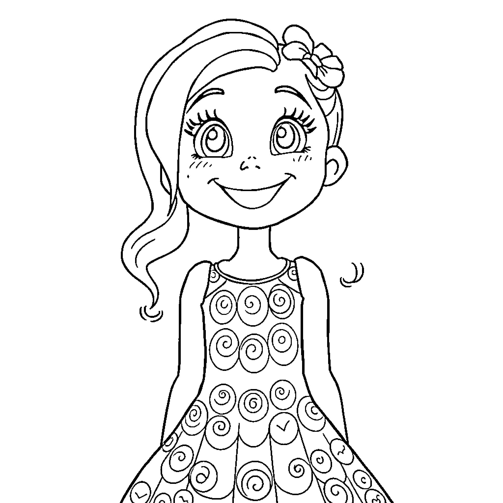 Gabby's Swirly Dress and Cheerful Expression Coloring Page (free black-and-white line drawing printable PDF for all, from beginners to advanced learners, including children, teens, adults, and seniors)