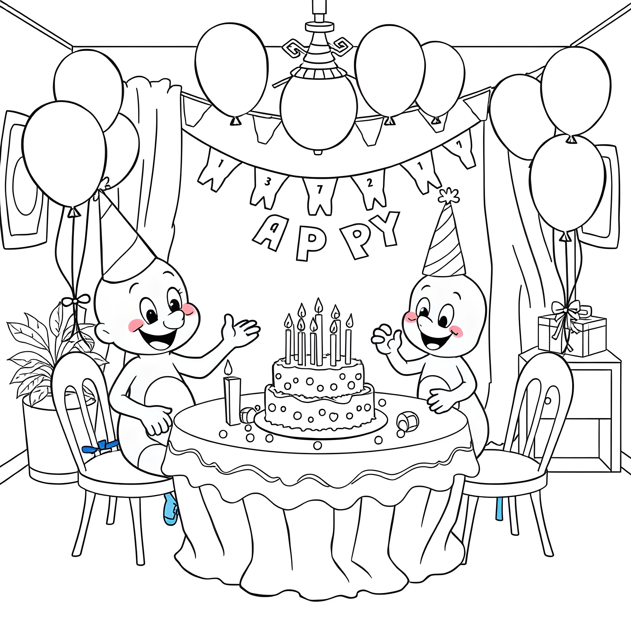 Bluey's Joyful Birthday Celebration Coloring Page (free black-and-white line drawing printable PDF for all, from beginners to advanced learners, including children, teens, adults, and seniors)
