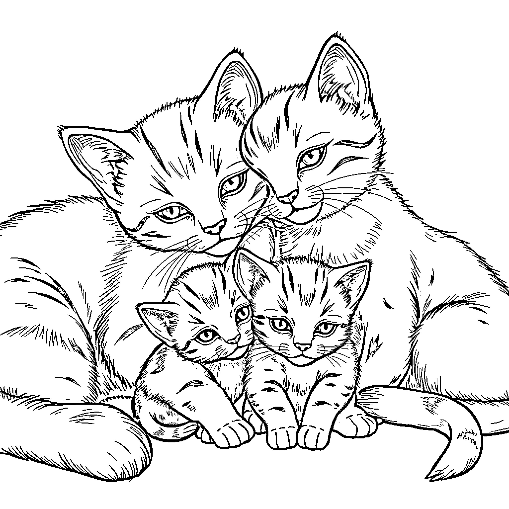 Cat family cuddling together Coloring Page (free black-and-white line drawing printable PDF for all, from beginners to advanced learners, including children, teens, adults, and seniors)
