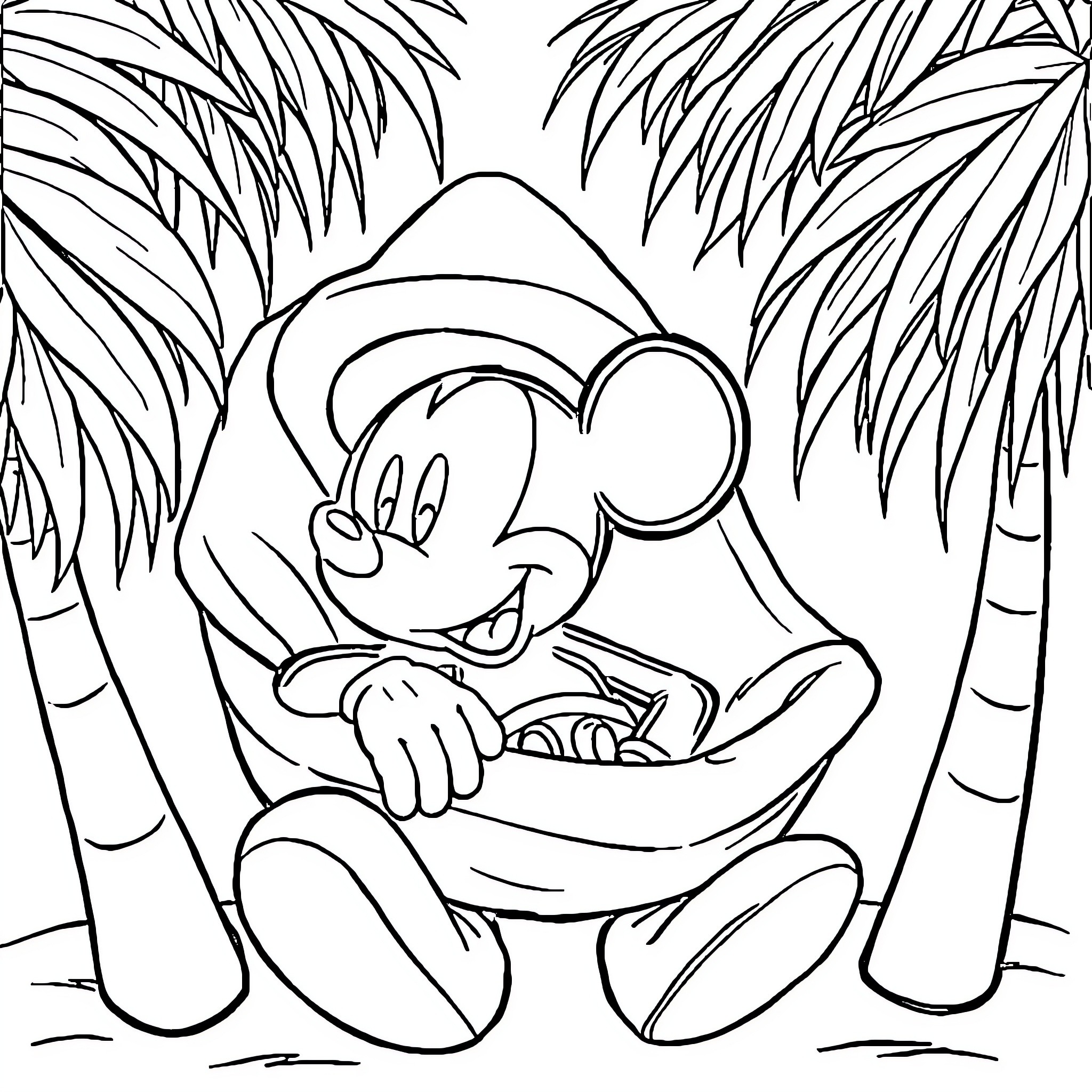 Mickey Mouse relaxing in a tropical paradise Coloring Page (free black-and-white line drawing printable PDF for all, from beginners to advanced learners, including children, teens, adults, and seniors)