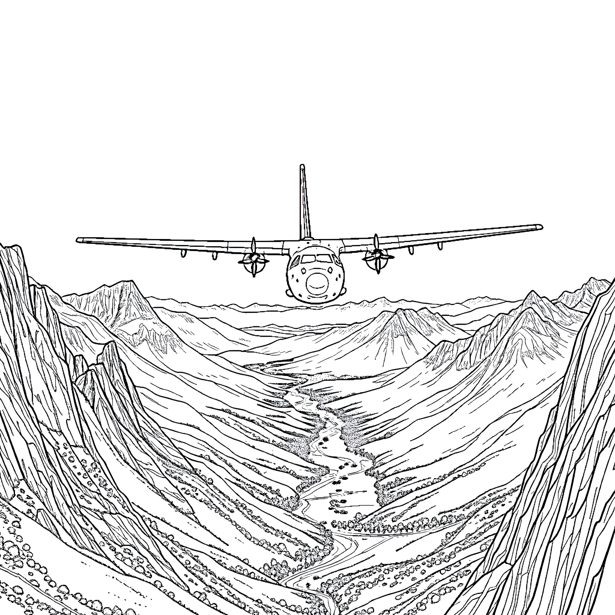 C-130J Military Aircraft Soaring Over Mountainous Terrain Coloring Page (free black-and-white line drawing printable PDF for all, from beginners to advanced learners, including children, teens, adults, and seniors)