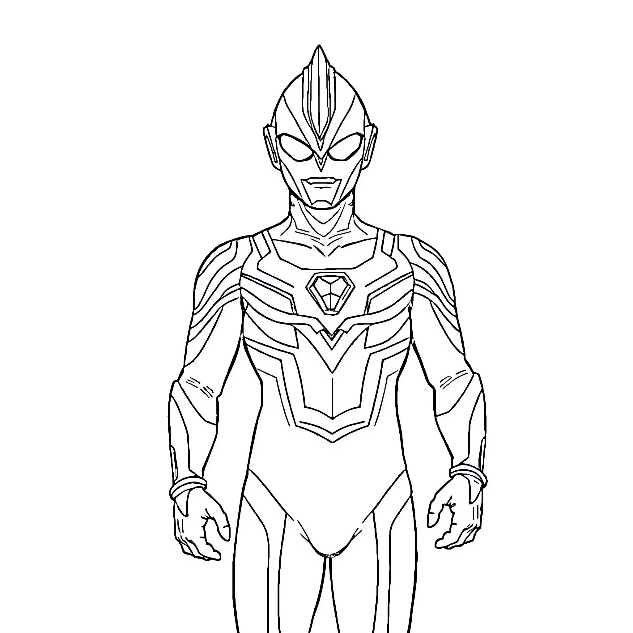 Ultraman in heroic pose with detailed costume Coloring Page (free black-and-white line drawing printable PDF for all, from beginners to advanced learners, including children, teens, adults, and seniors)