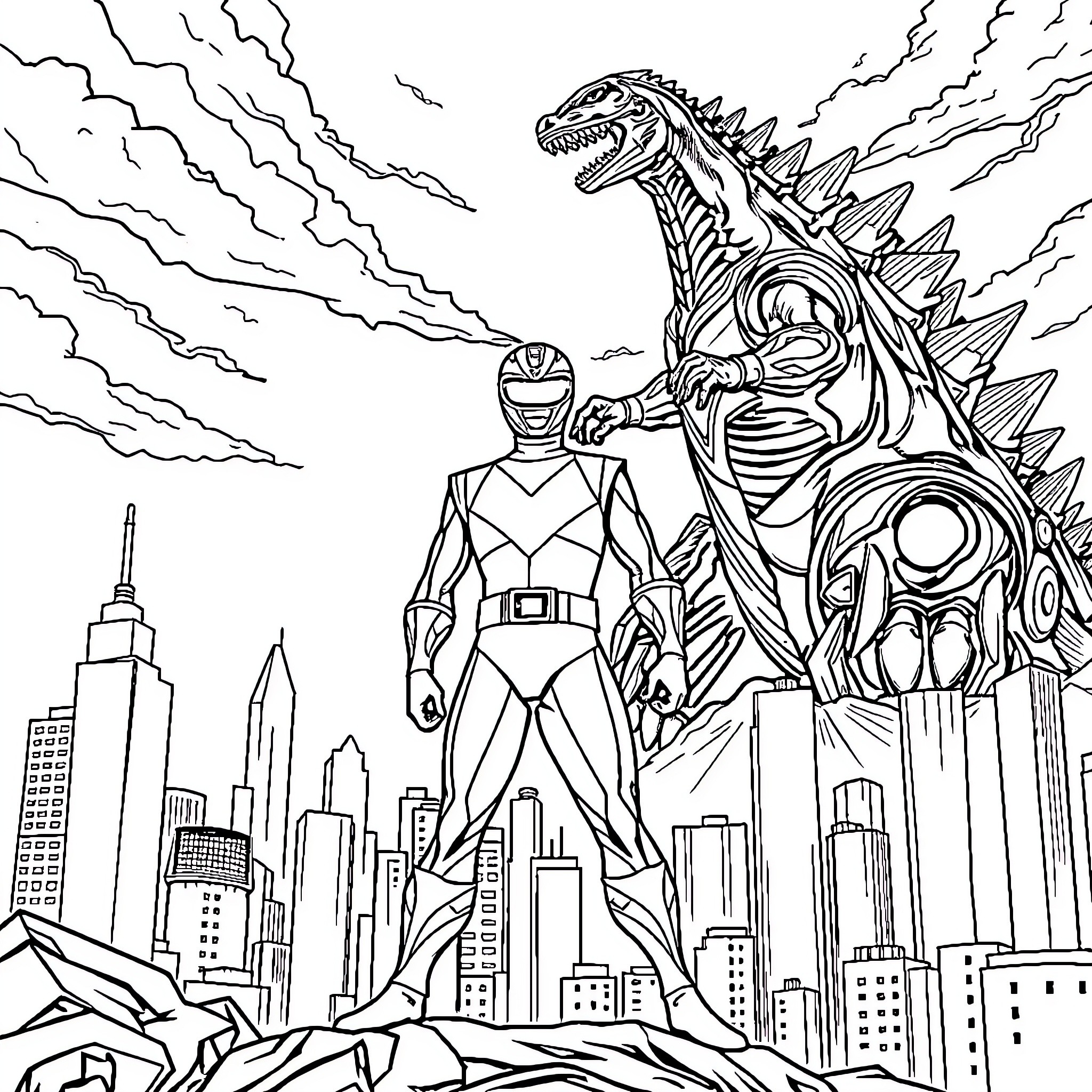 Power Ranger Battles Giant Monster Amid Cityscape Coloring Page (free black-and-white line drawing printable PDF for all, from beginners to advanced learners, including children, teens, adults, and seniors)