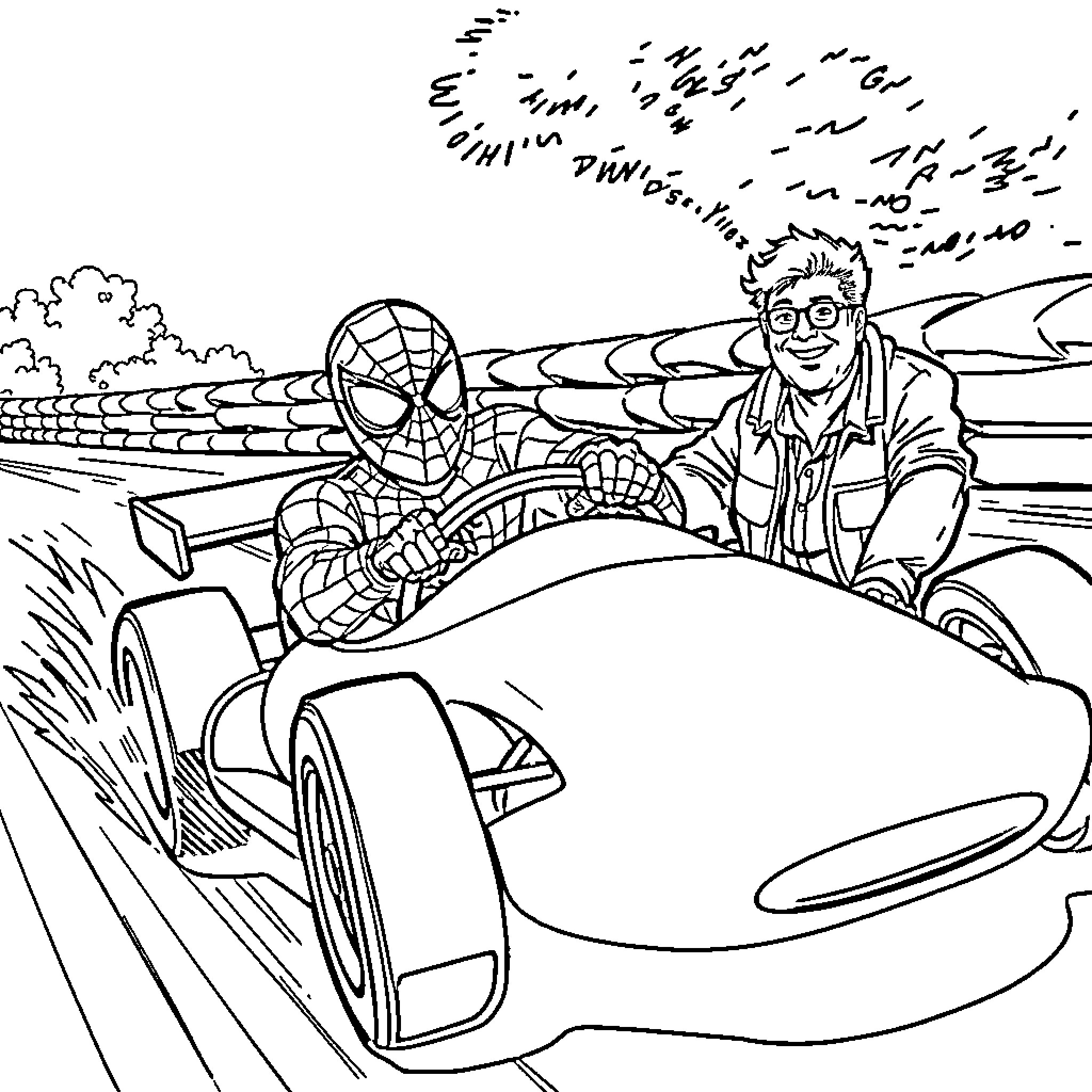 Spiderman racing with an elderly man in a sports car Coloring Page (free black-and-white line drawing printable PDF for all, from beginners to advanced learners, including children, teens, adults, and seniors)