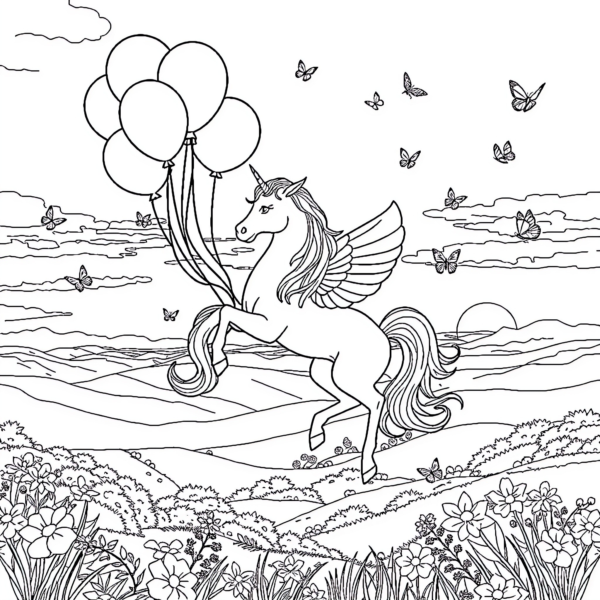 Licorne floating with balloons in a meadow of flowers Coloring Page (free black-and-white line drawing printable PDF for all, from beginners to advanced learners, including children, teens, adults, and seniors)