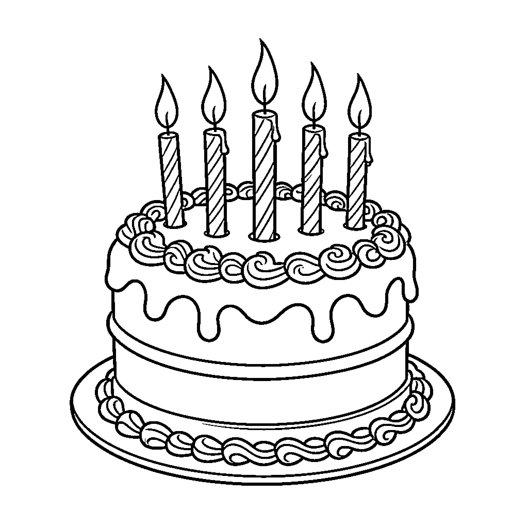 Birthday Cake with Festive Candles Coloring Page (free black-and-white line drawing printable PDF for all, from beginners to advanced learners, including children, teens, adults, and seniors)