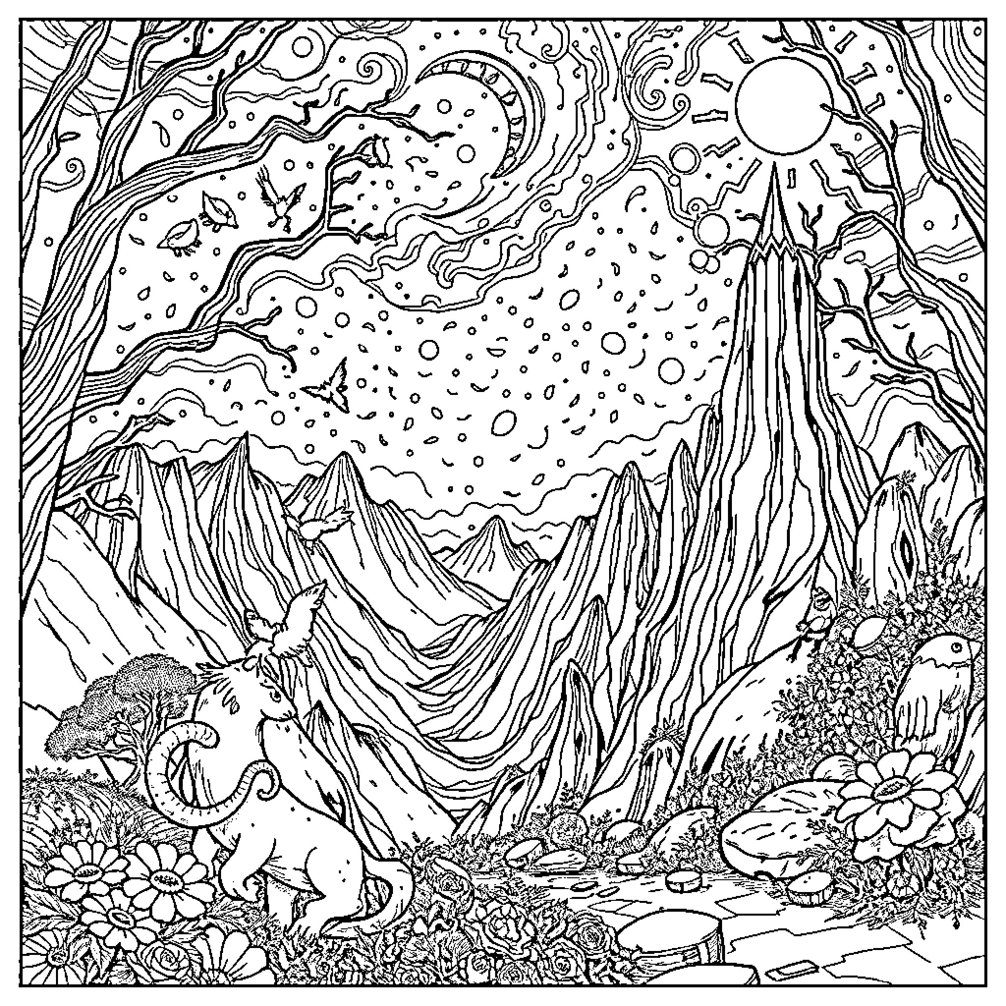 Fantasy Creatures in Magical Landscape Coloring Page (free black-and-white line drawing printable PDF for all, from beginners to advanced learners, including children, teens, adults, and seniors)