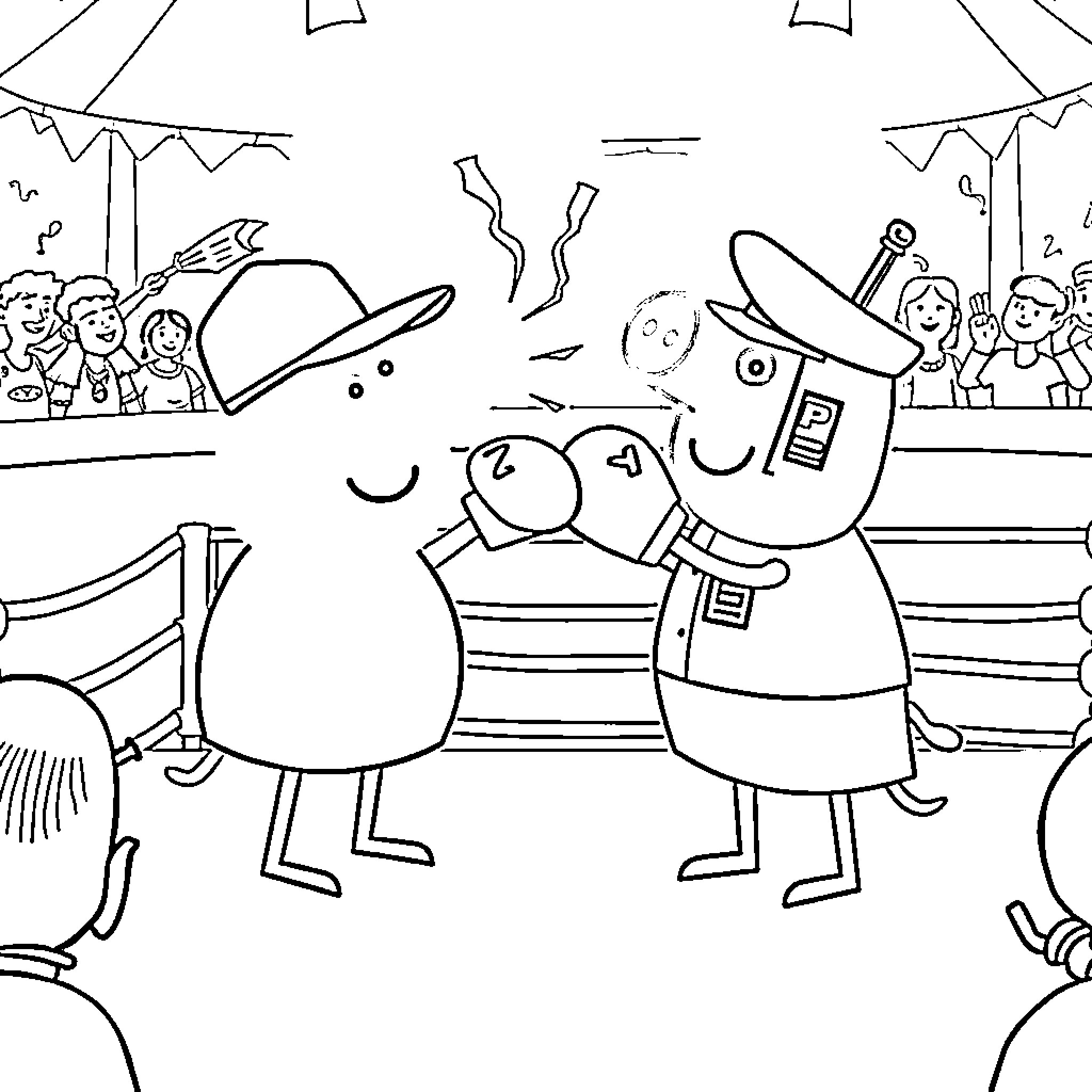 Peppa Pig and friends having fun at a carnival Coloring Page (free black-and-white line drawing printable PDF for all, from beginners to advanced learners, including children, teens, adults, and seniors)