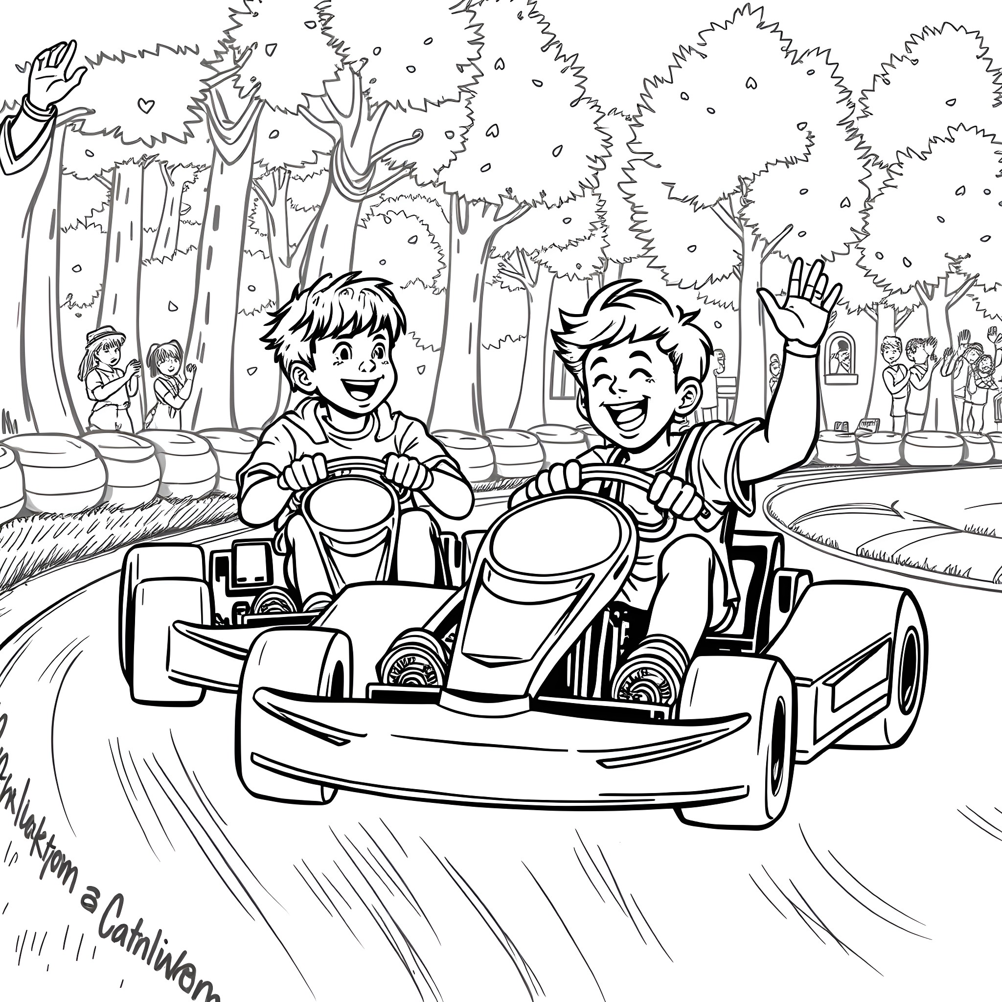 Go Kart Racers Enjoying a Thrilling Ride Coloring Page (free black-and-white line drawing printable PDF for all, from beginners to advanced learners, including children, teens, adults, and seniors)