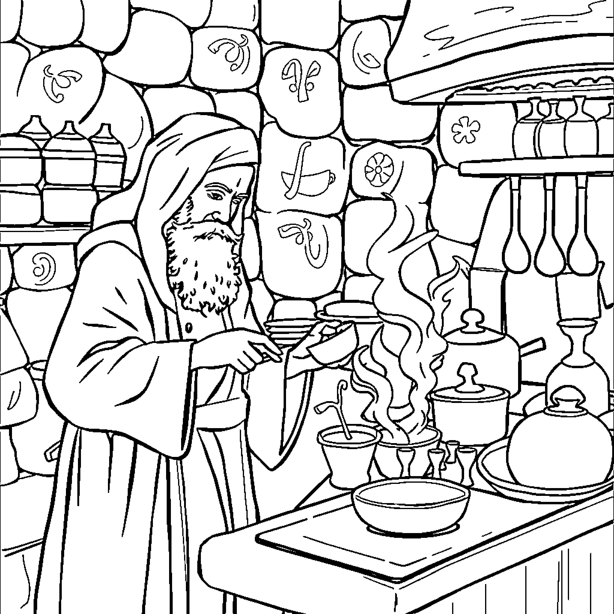 Rumi in his kitchen, preparing a meal Coloring Page (free black-and-white line drawing printable PDF for all, from beginners to advanced learners, including children, teens, adults, and seniors)