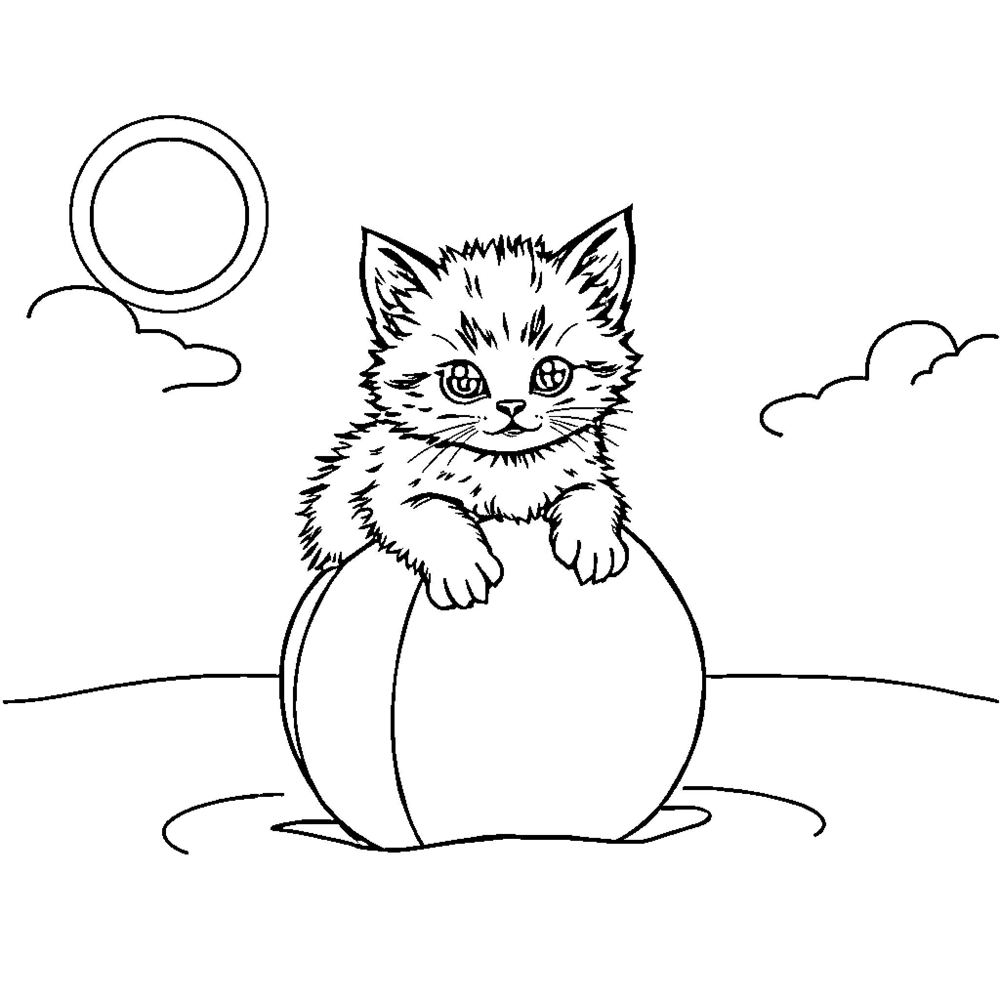 Kitten peeking out from behind an egg Coloring Page (free black-and-white line drawing printable PDF for all, from beginners to advanced learners, including children, teens, adults, and seniors)