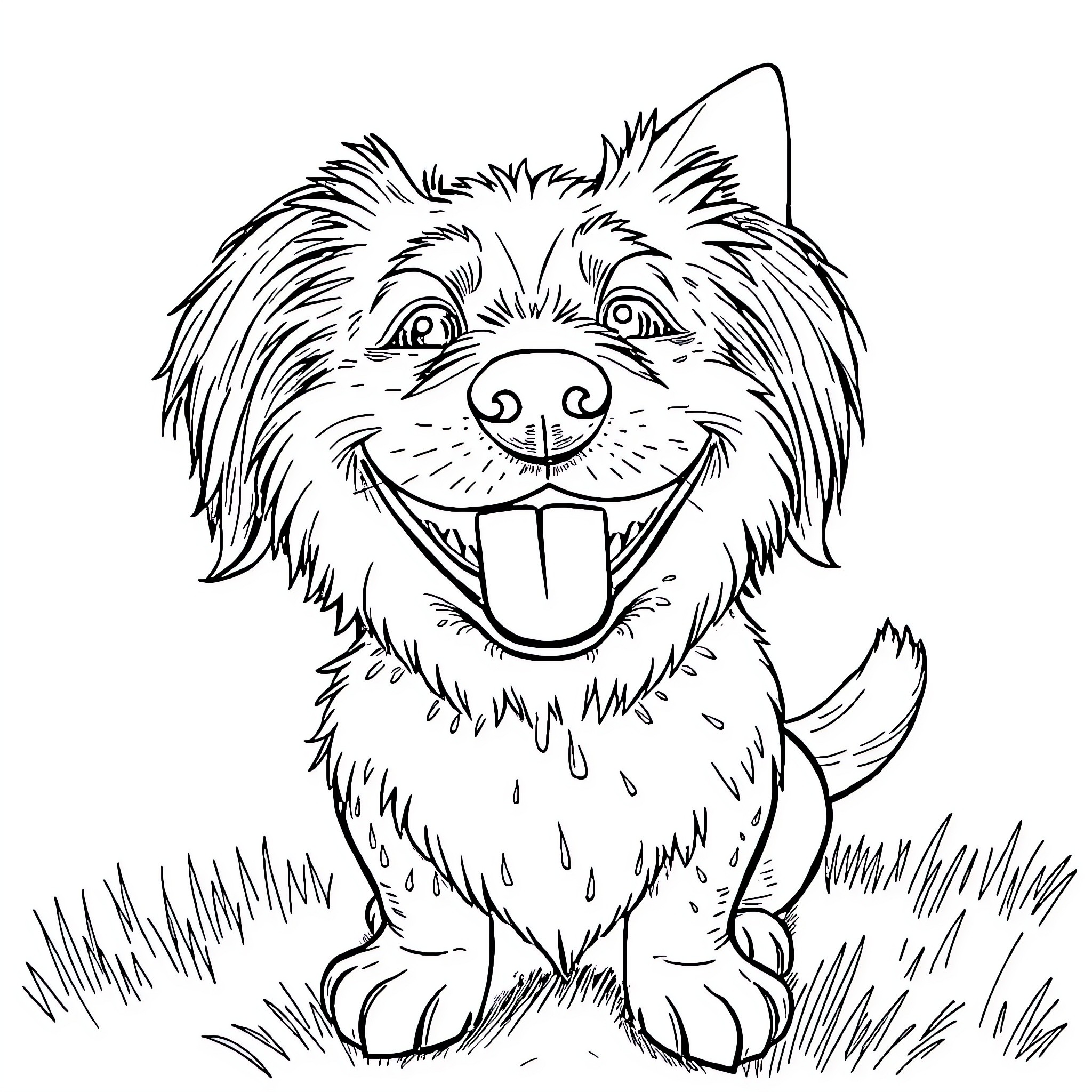 Dog sitting happily in the grass Coloring Page (free black-and-white line drawing printable PDF for all, from beginners to advanced learners, including children, teens, adults, and seniors)