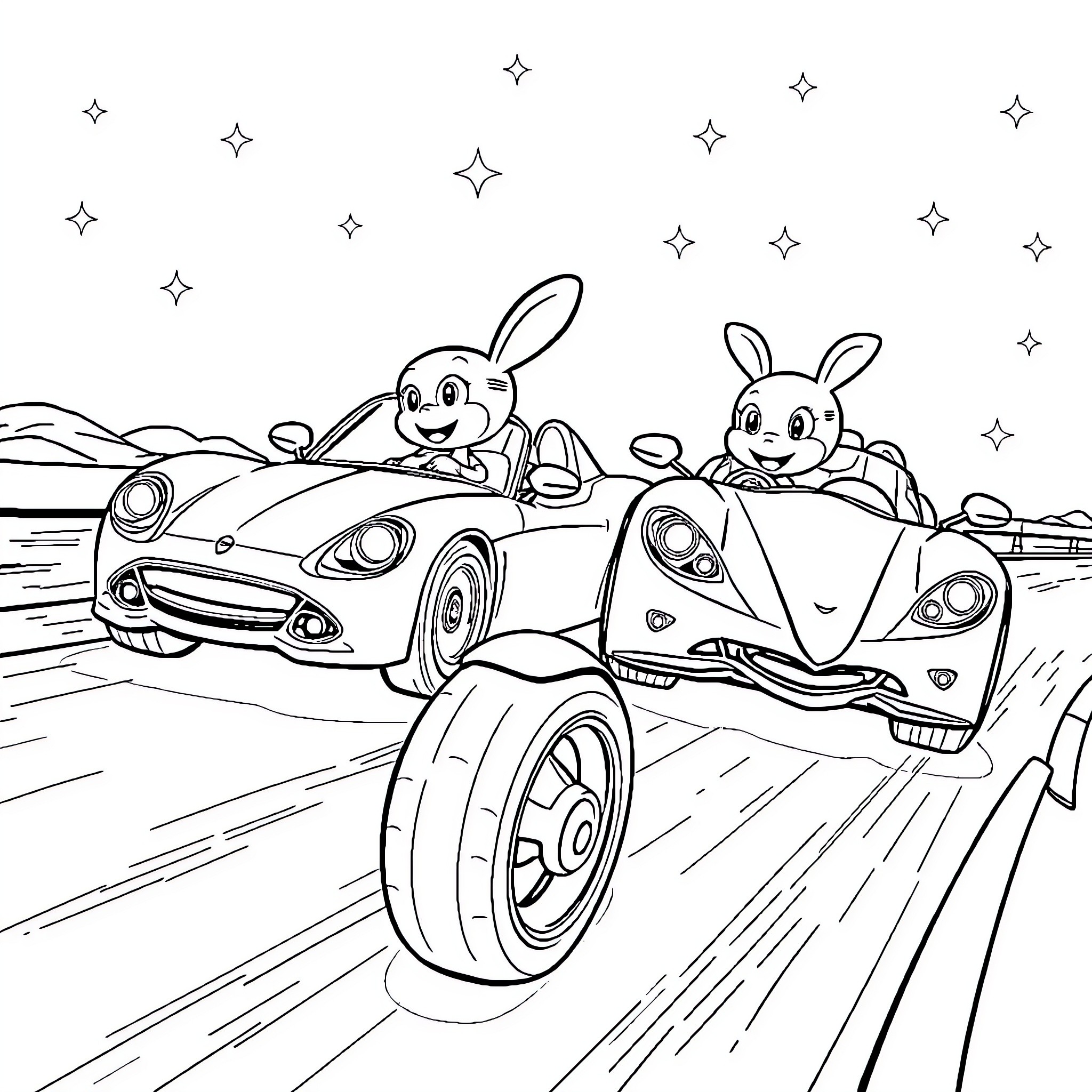 Car Ride with Playful Bunnies Coloring Page (free black-and-white line drawing printable PDF for all, from beginners to advanced learners, including children, teens, adults, and seniors)