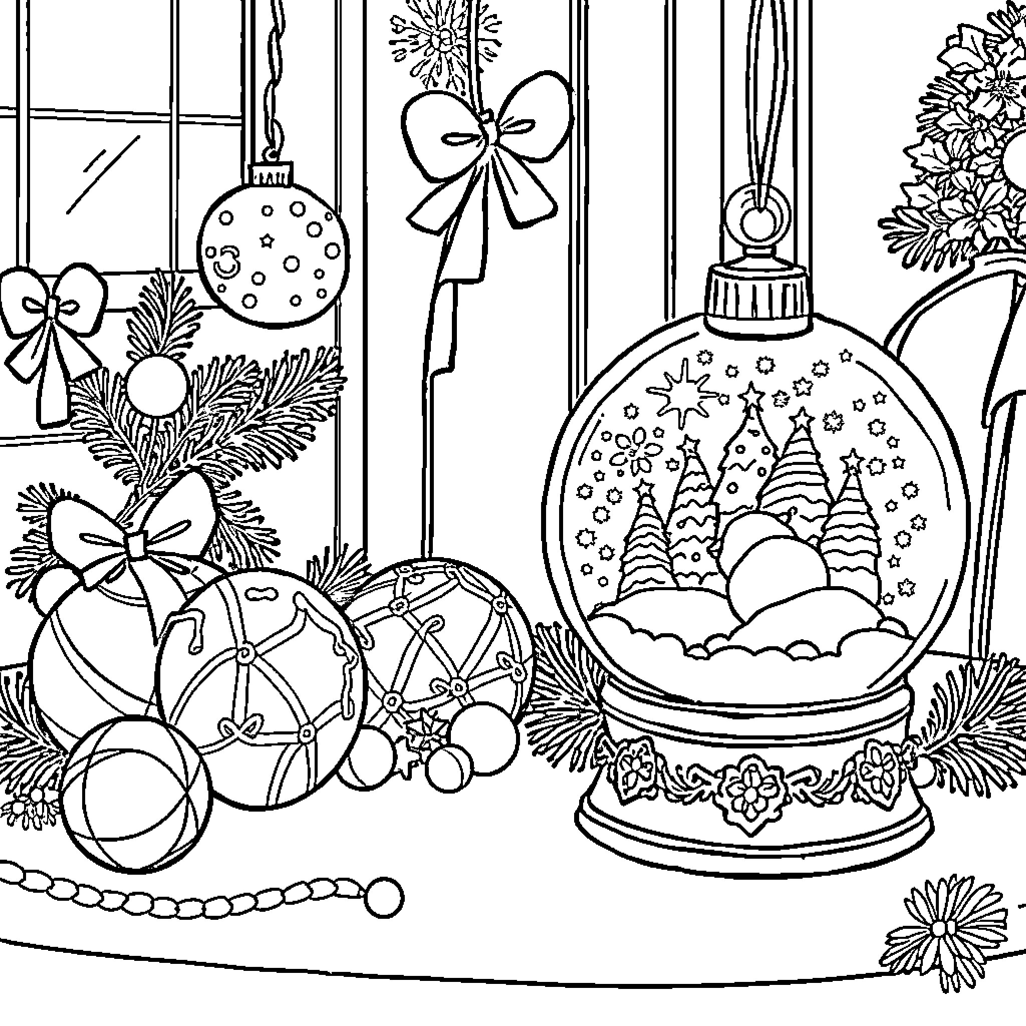 Ornament-filled Christmas scene with decorations Coloring Page (free black-and-white line drawing printable PDF for all, from beginners to advanced learners, including children, teens, adults, and seniors)