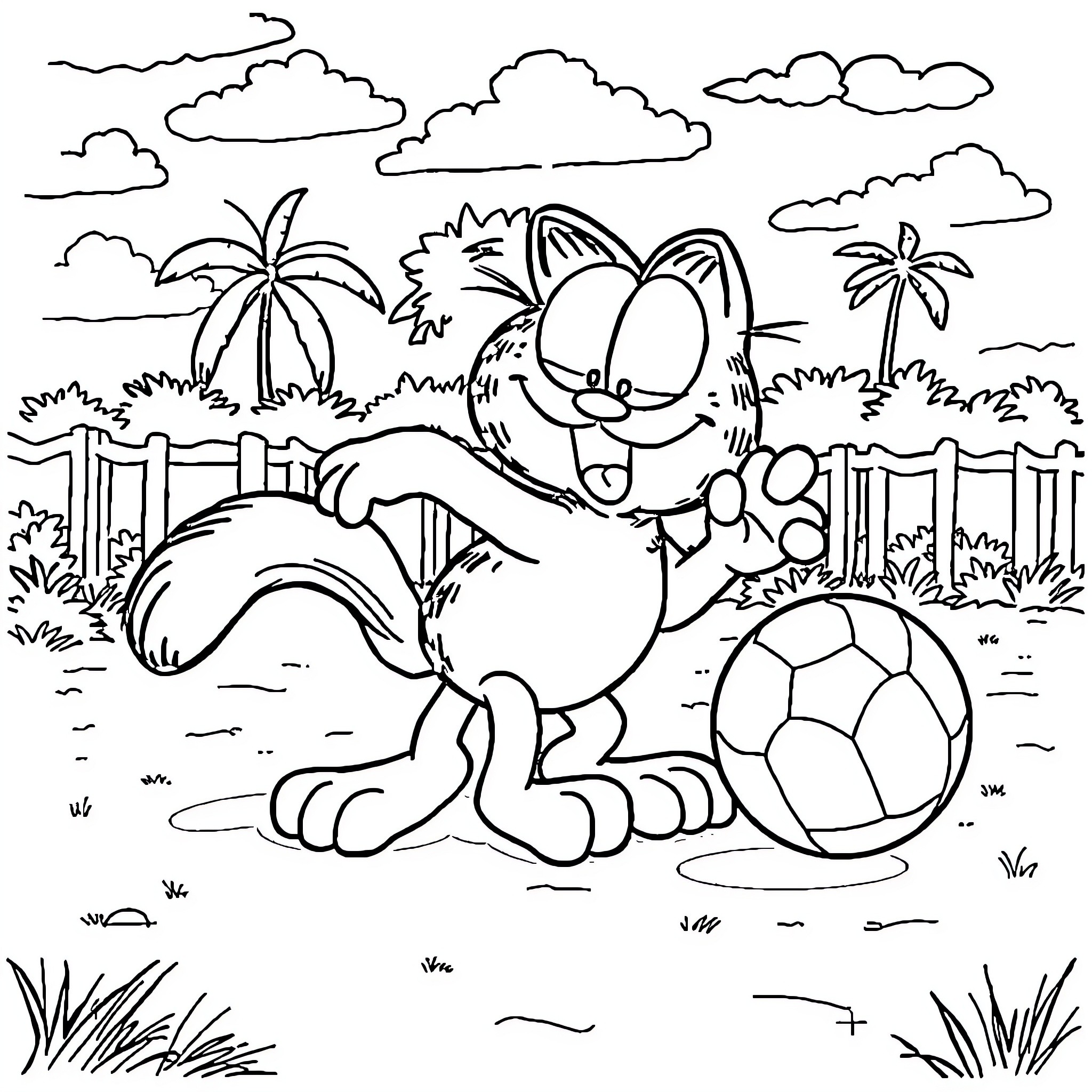 Garfield playing with a soccer ball on the beach Coloring Page (free black-and-white line drawing printable PDF for all, from beginners to advanced learners, including children, teens, adults, and seniors)