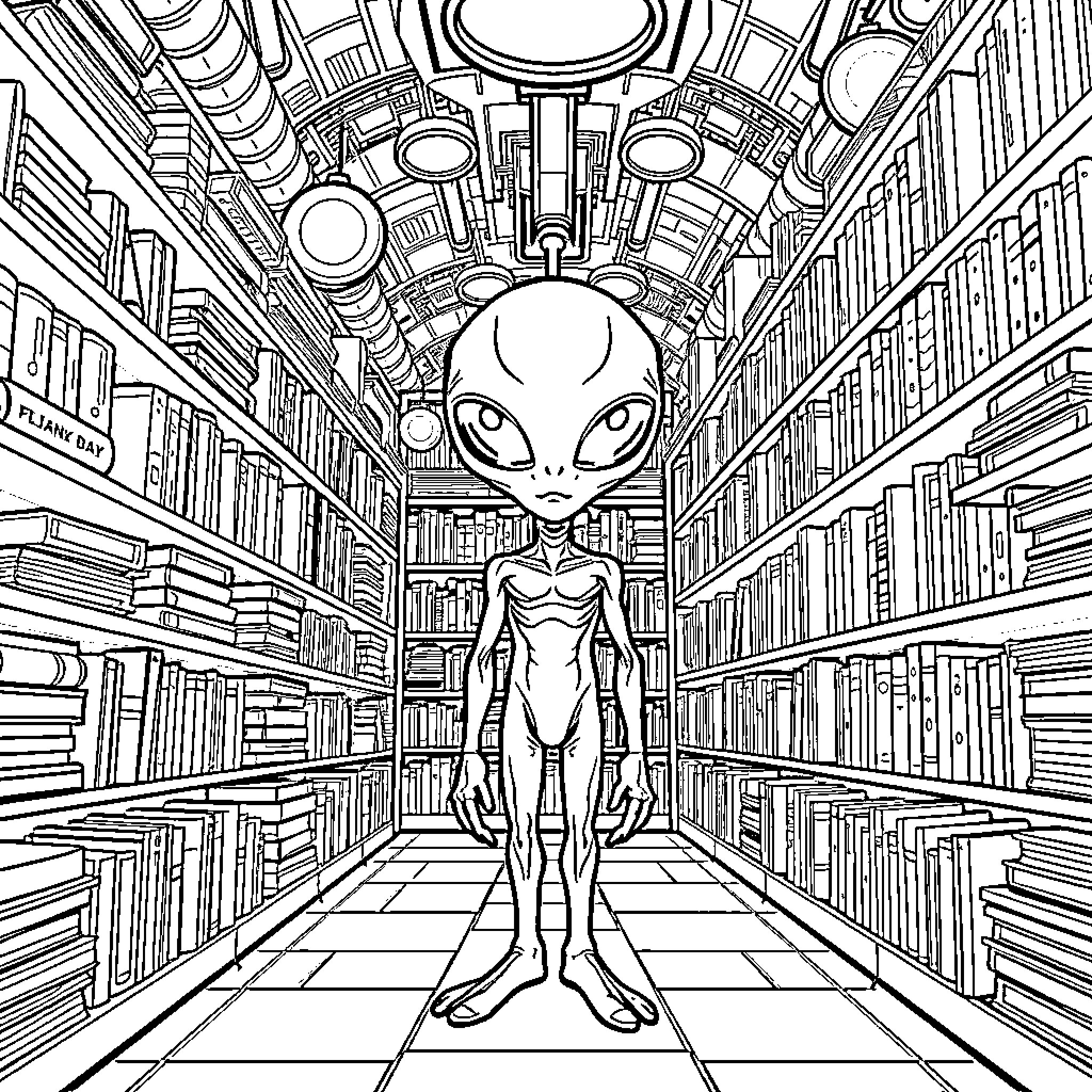 Alien exploring futuristic library Coloring Page (free black-and-white line drawing printable PDF for all, from beginners to advanced learners, including children, teens, adults, and seniors)