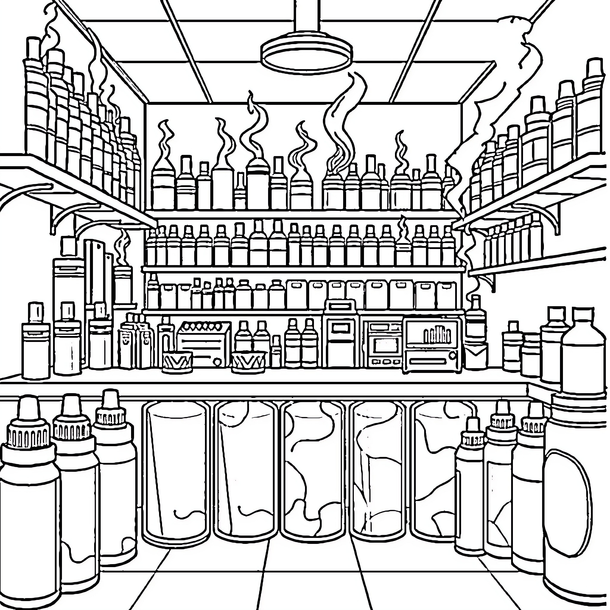 Vape Shop Shelves with Various Vaping Products Coloring Page (free black-and-white line drawing printable PDF for all, from beginners to advanced learners, including children, teens, adults, and seniors)