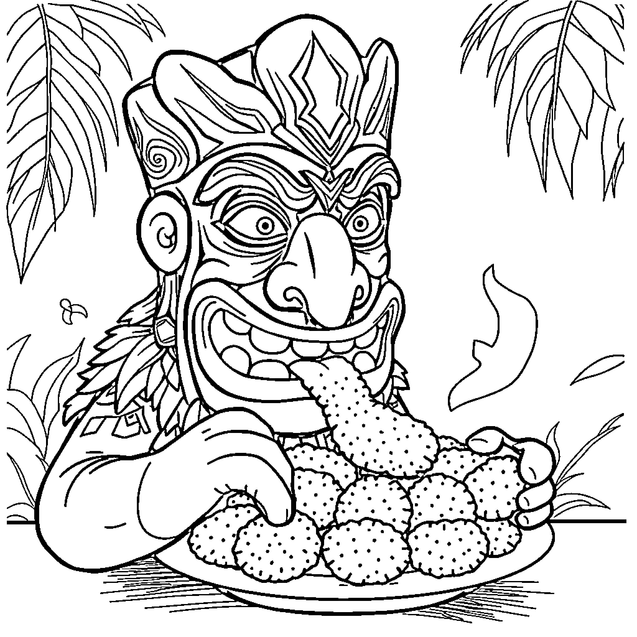 Tiki Man enjoying a feast of tropical fruits Coloring Page (free black-and-white line drawing printable PDF for all, from beginners to advanced learners, including children, teens, adults, and seniors)