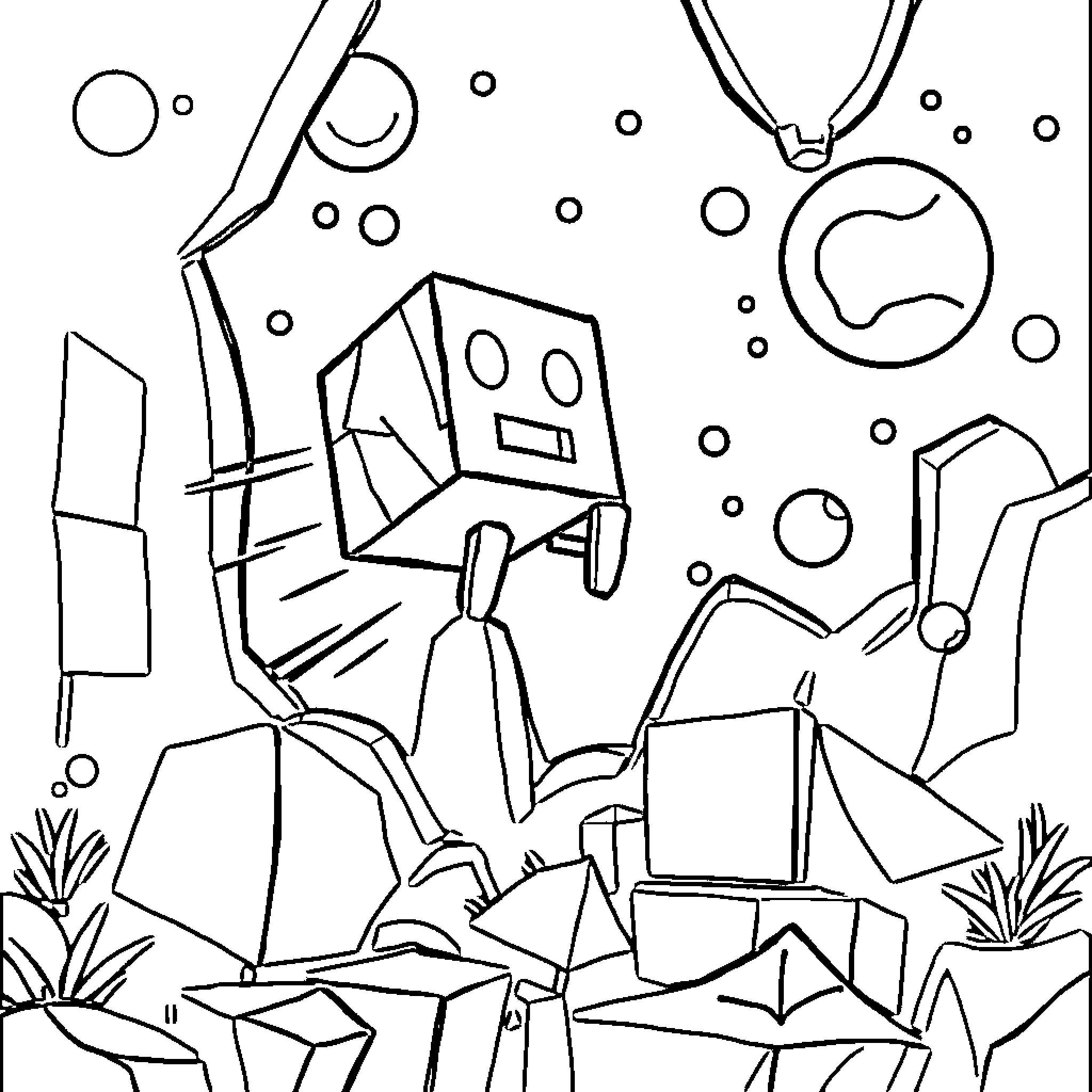 Cube-shaped robot exploring geometric landscape Coloring Page (free black-and-white line drawing printable PDF for all, from beginners to advanced learners, including children, teens, adults, and seniors)