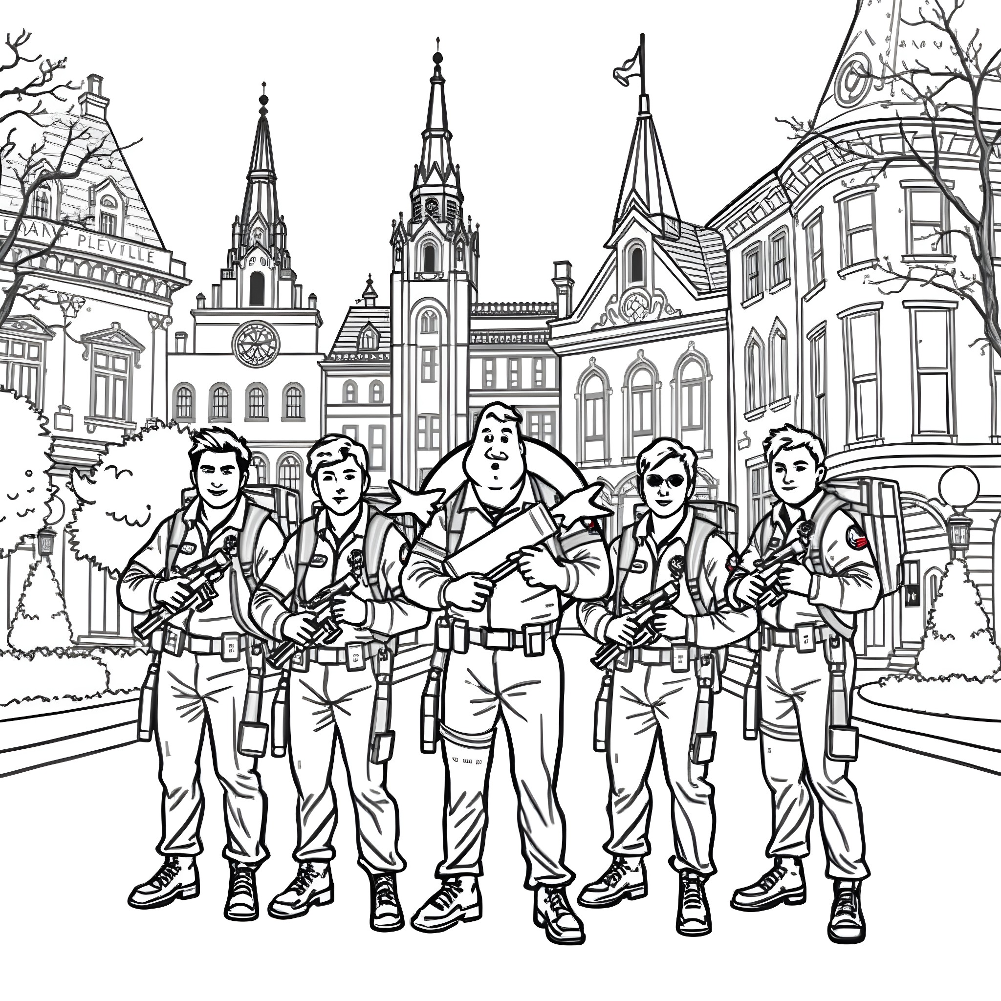 Ghost Busters tackling supernatural threats in the city Coloring Page (free black-and-white line drawing printable PDF for all, from beginners to advanced learners, including children, teens, adults, and seniors)