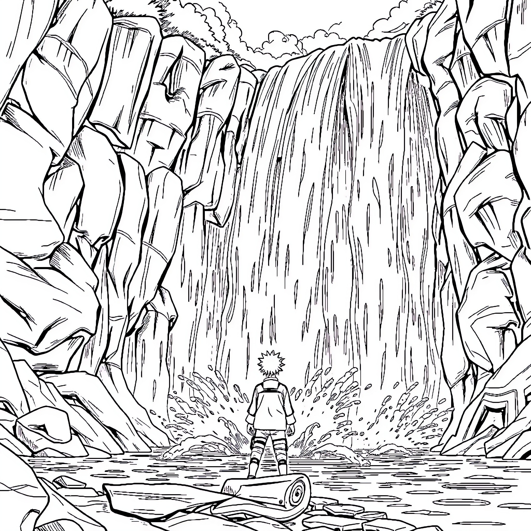 Naruto Exploring the Majestic Waterfall Landscape Coloring Page (free black-and-white line drawing printable PDF for all, from beginners to advanced learners, including children, teens, adults, and seniors)