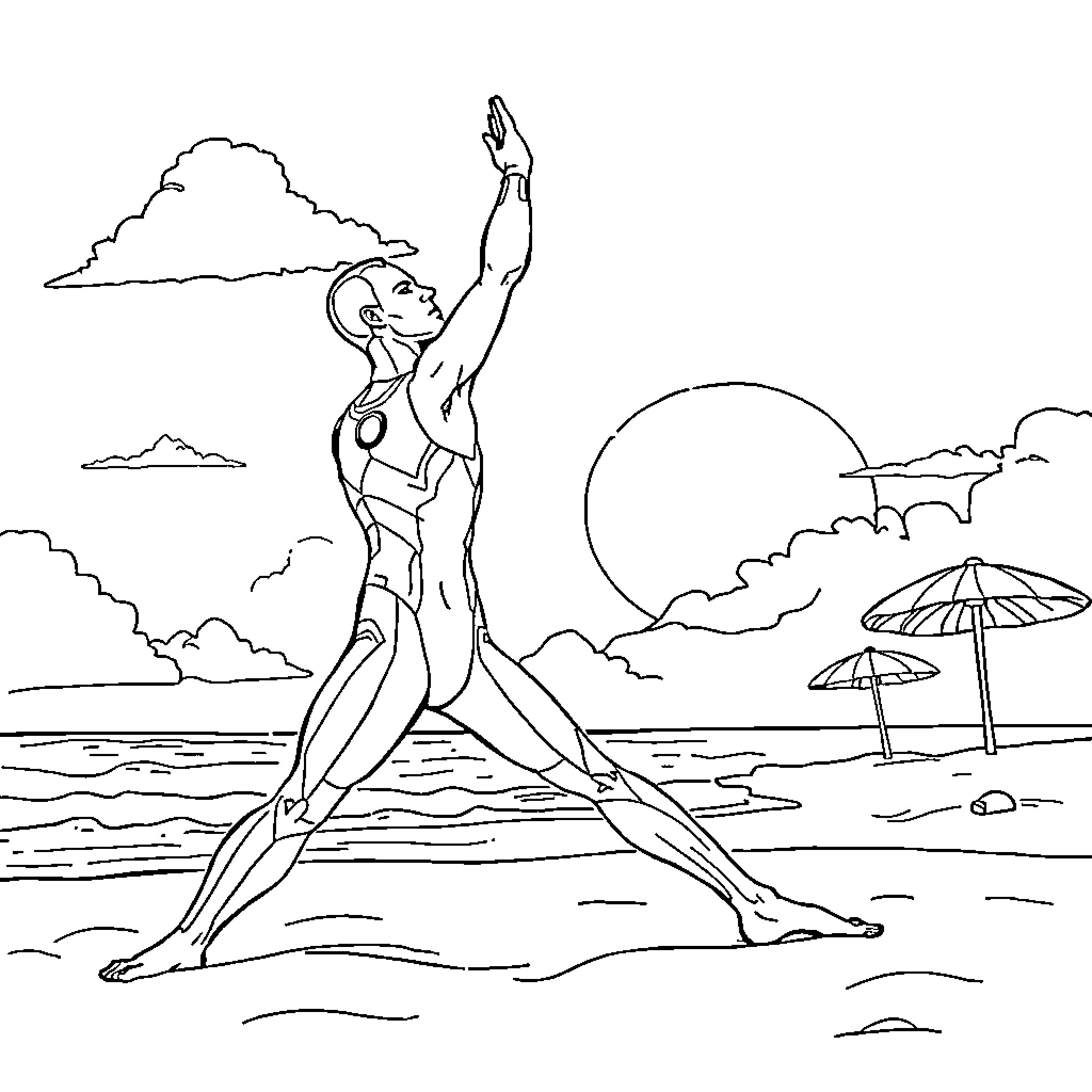Ironman posing confidently on the beach Coloring Page (free black-and-white line drawing printable PDF for all, from beginners to advanced learners, including children, teens, adults, and seniors)