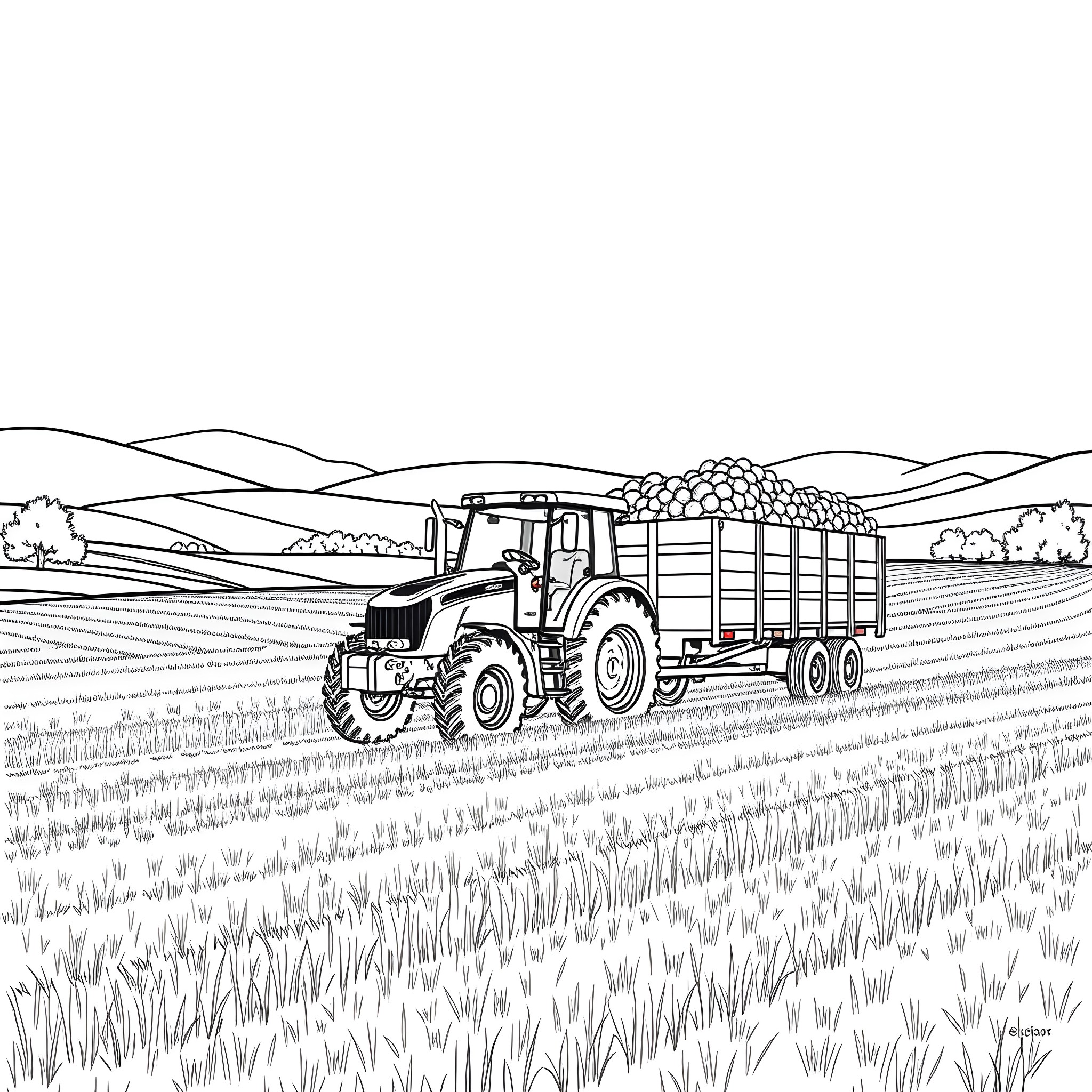 Tractor transporting harvested crops through rural landscape Coloring Page (free black-and-white line drawing printable PDF for all, from beginners to advanced learners, including children, teens, adults, and seniors)