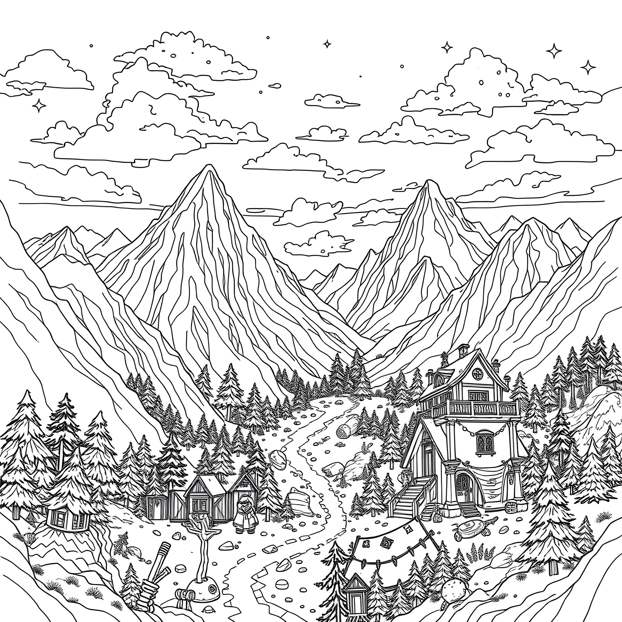 Minecraft Landscape with Mountainous Terrain and Cottages Coloring Page (free black-and-white line drawing printable PDF for all, from beginners to advanced learners, including children, teens, adults, and seniors)