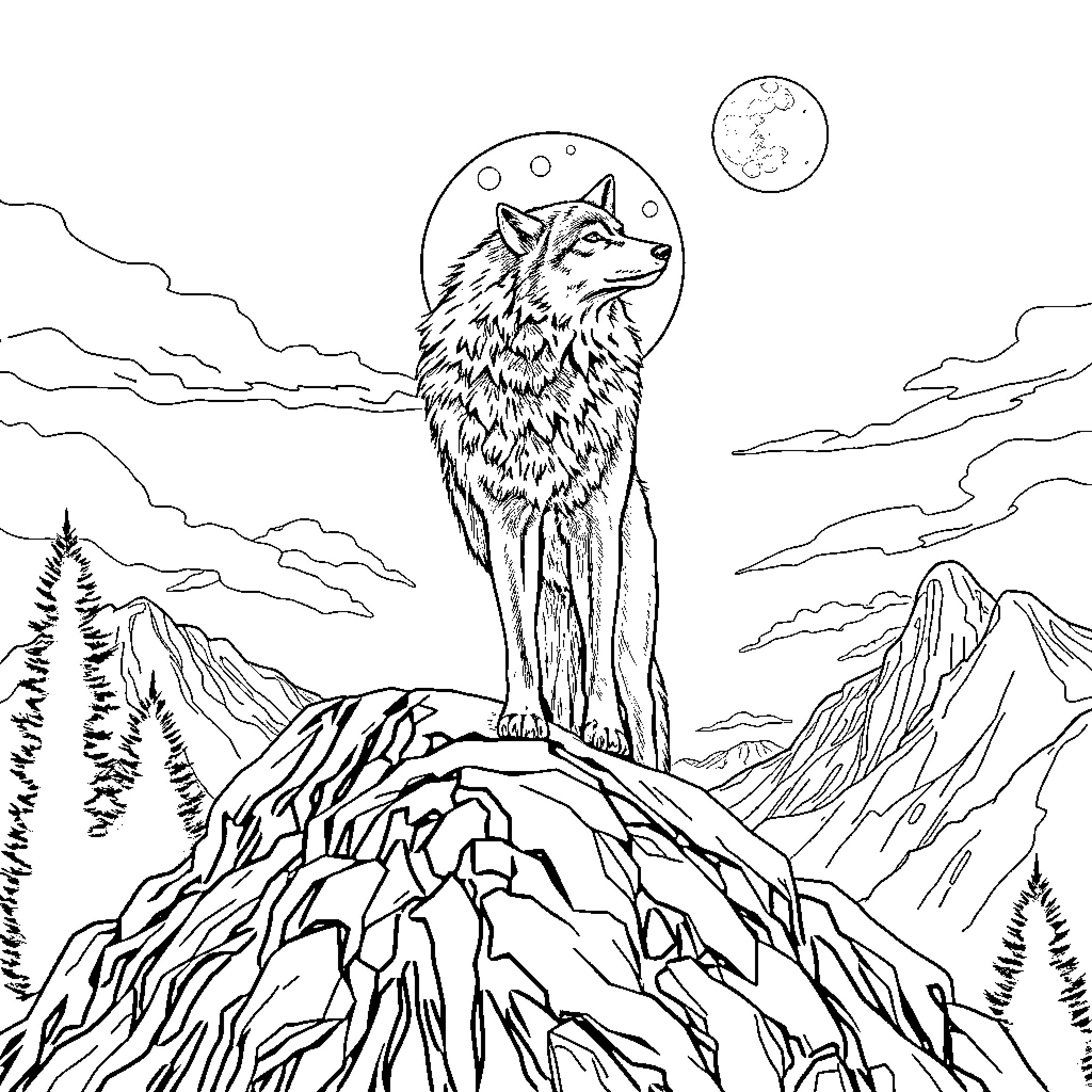 Wolf howling under the moonlit sky Coloring Page (free black-and-white line drawing printable PDF for all, from beginners to advanced learners, including children, teens, adults, and seniors)
