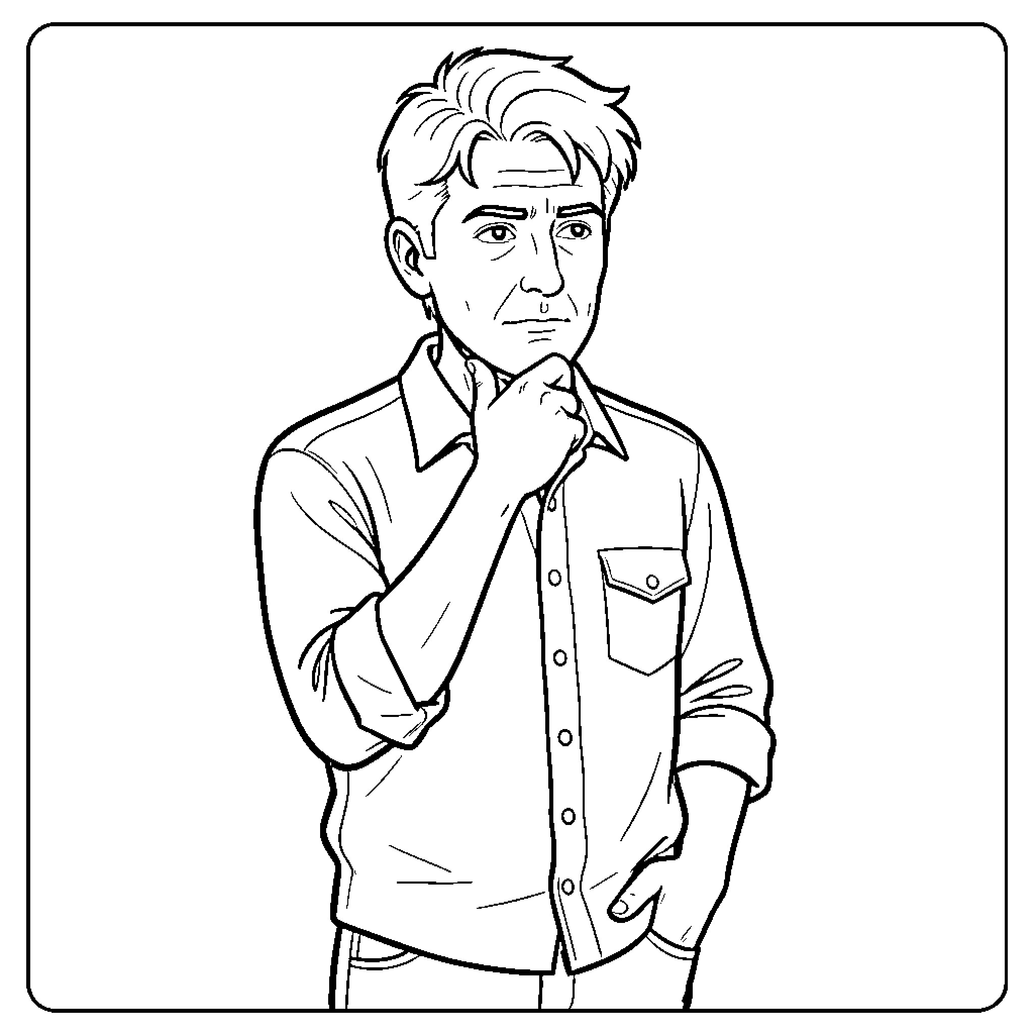 Mark Garyson thinking deeply with a hand on chin Coloring Page (free black-and-white line drawing printable PDF for all, from beginners to advanced learners, including children, teens, adults, and seniors)