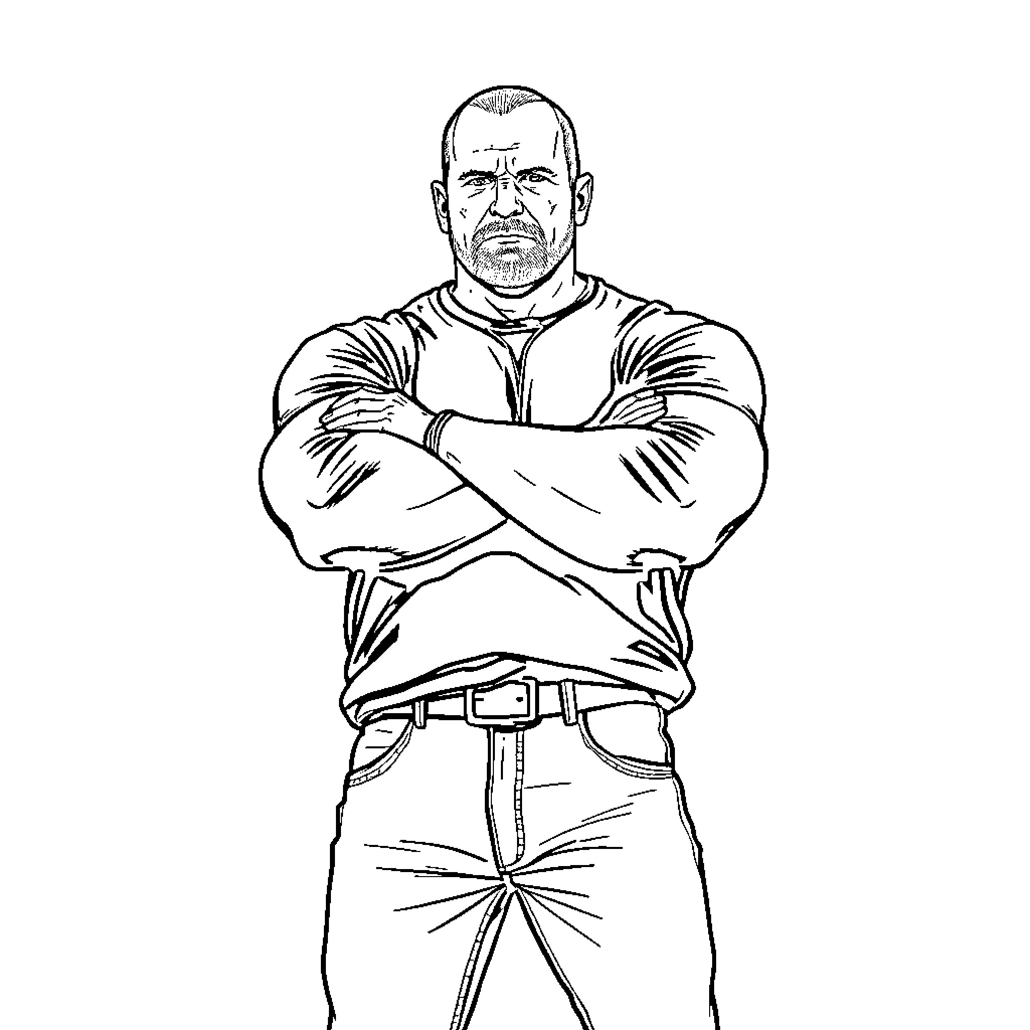 Steve Austin standing with arms crossed Coloring Page (free black-and-white line drawing printable PDF for all, from beginners to advanced learners, including children, teens, adults, and seniors)