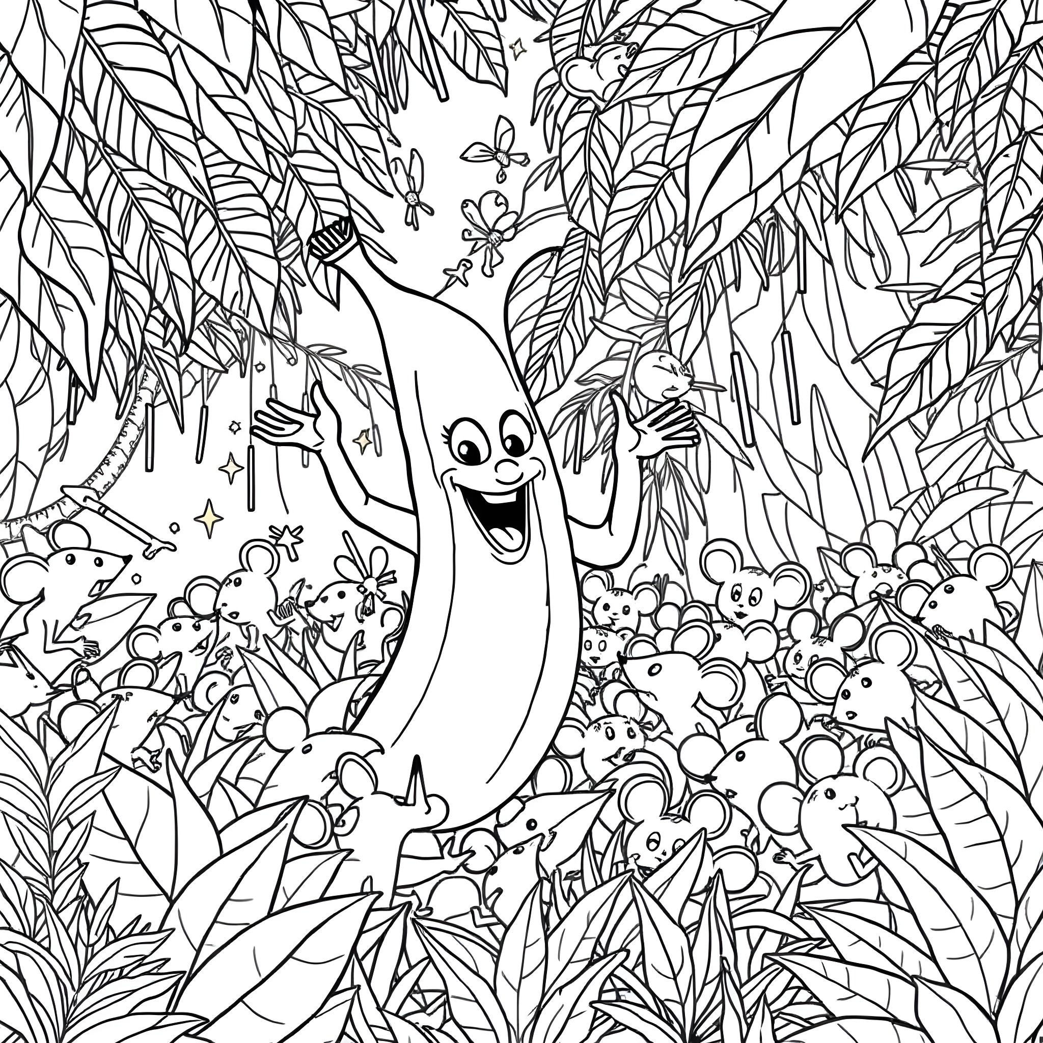 Banana dancing joyfully in a lush jungle Coloring Page (free black-and-white line drawing printable PDF for all, from beginners to advanced learners, including children, teens, adults, and seniors)