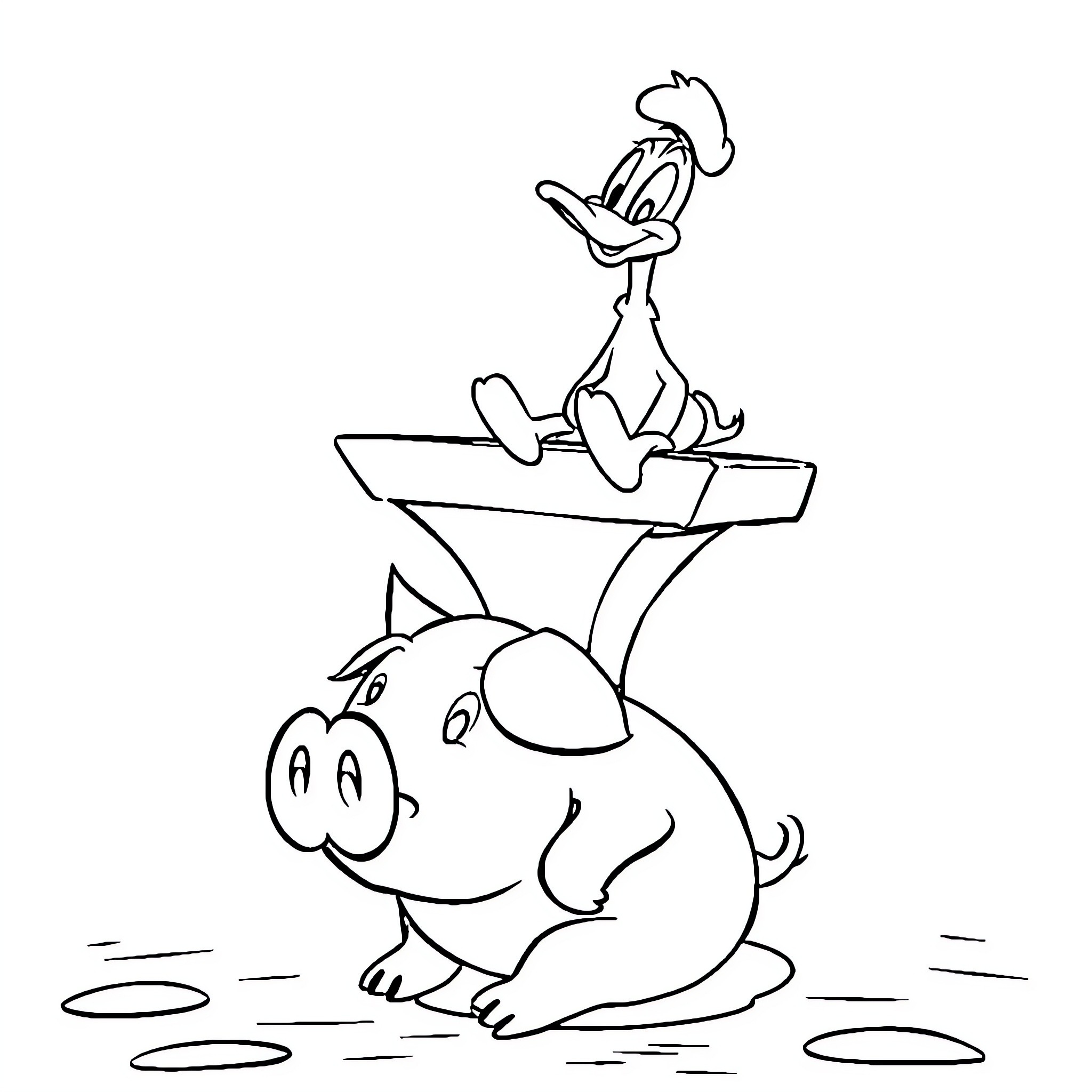 Daffy Duck jumping on a happy pig Coloring Page (free black-and-white line drawing printable PDF for all, from beginners to advanced learners, including children, teens, adults, and seniors)