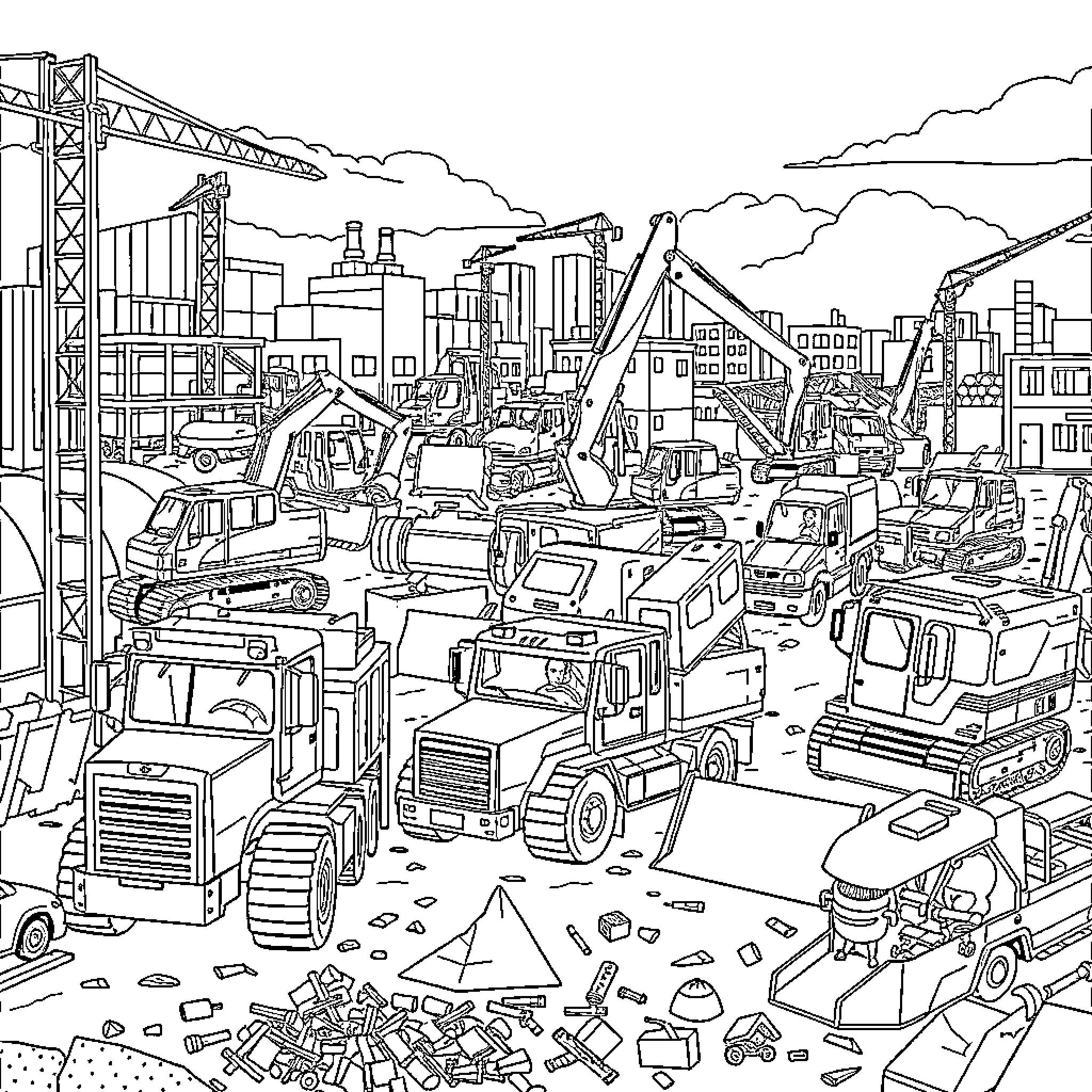 Construction Vehicle Chaos at the Building Site Coloring Page (free black-and-white line drawing printable PDF for all, from beginners to advanced learners, including children, teens, adults, and seniors)