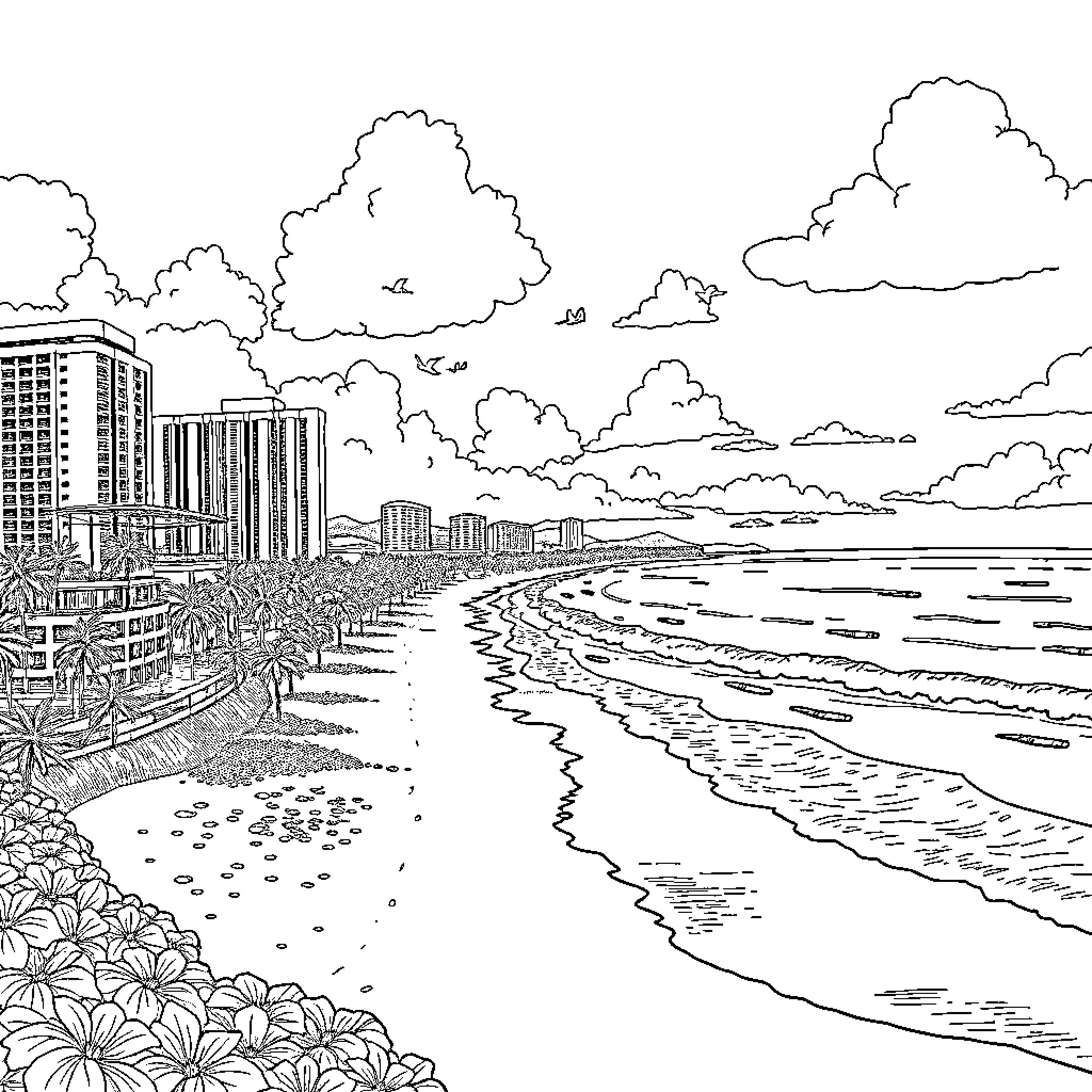 Waikiki scenic beach with coastal buildings and cloudy sky Coloring Page (free black-and-white line drawing printable PDF for all, from beginners to advanced learners, including children, teens, adults, and seniors)