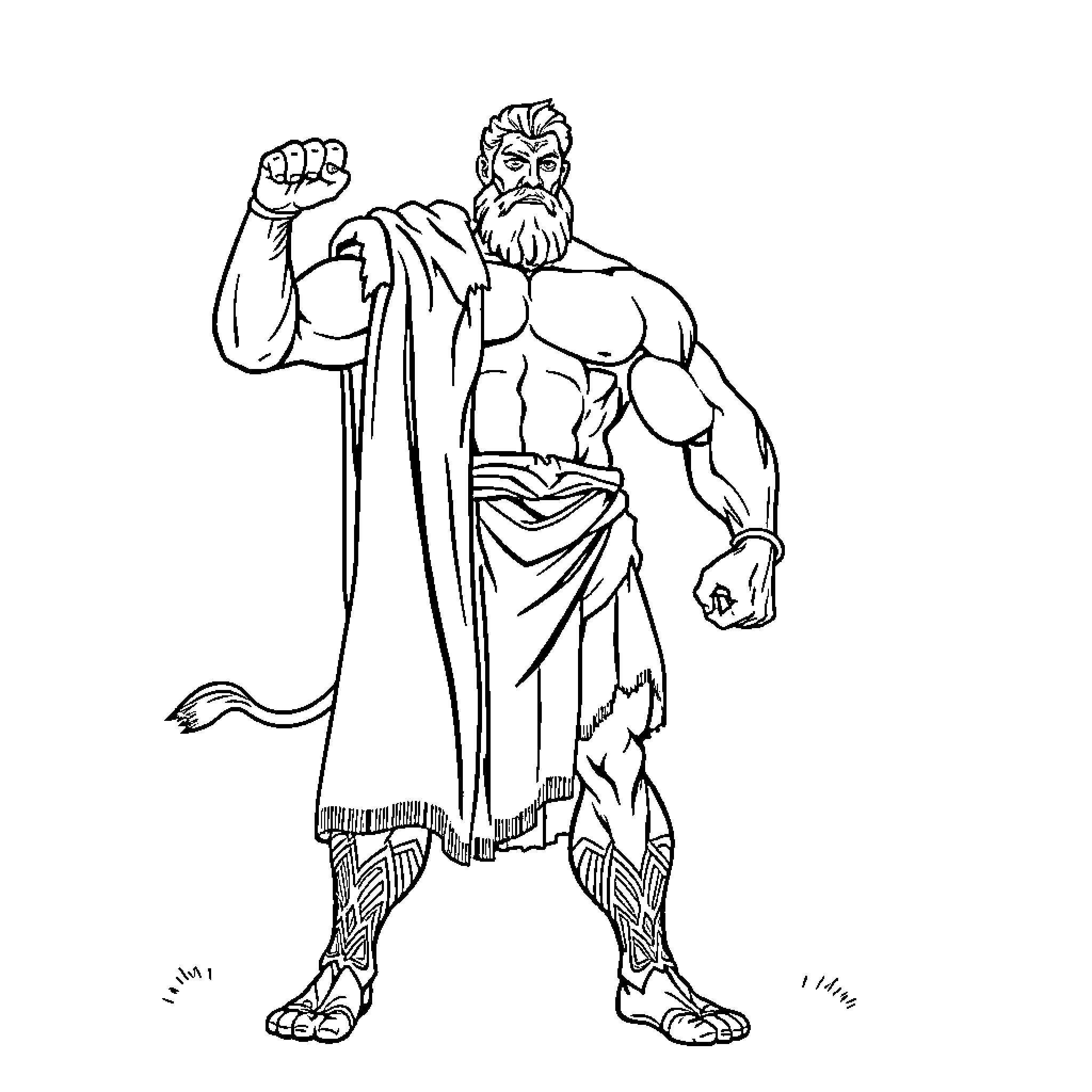 Hercules flexing his muscular physique in a heroic pose Coloring Page (free black-and-white line drawing printable PDF for all, from beginners to advanced learners, including children, teens, adults, and seniors)