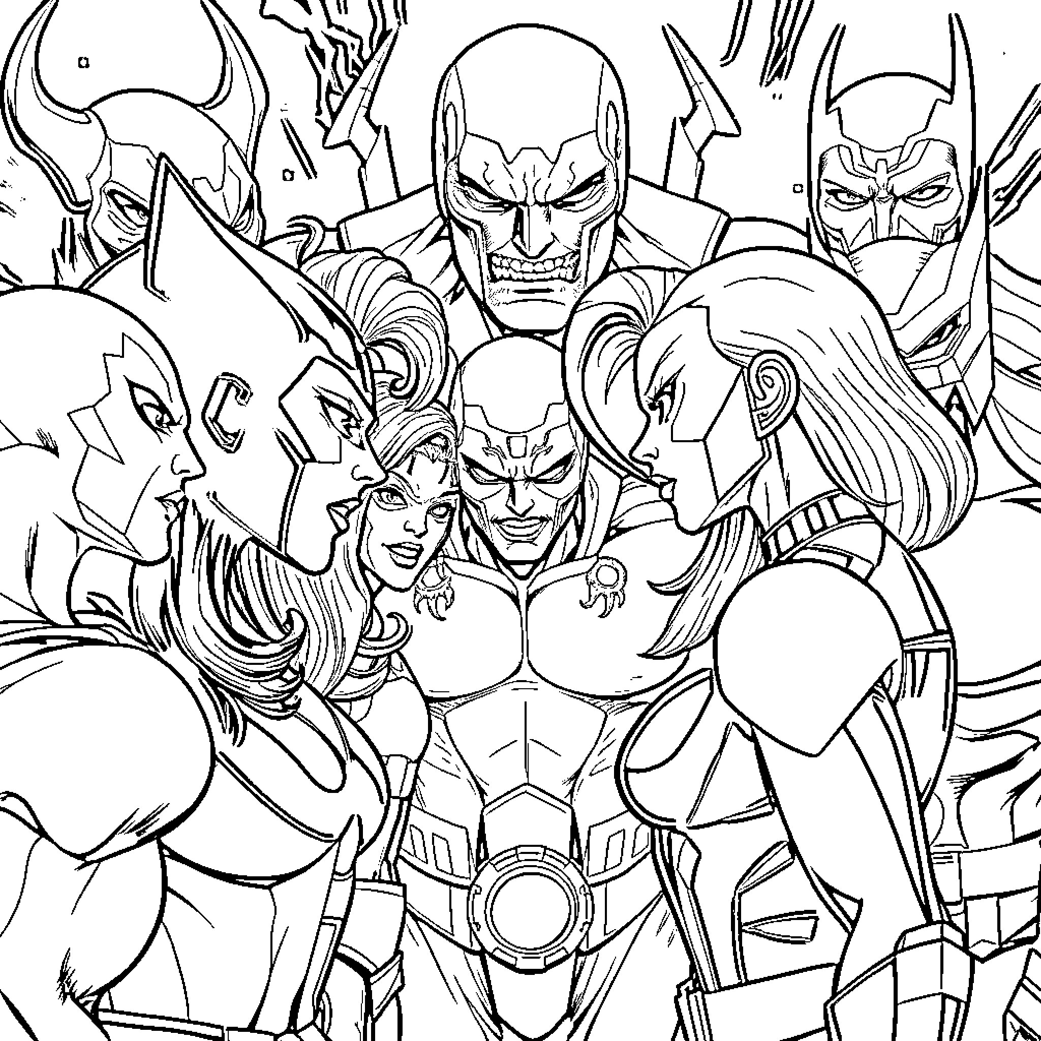 Bluey's superhero adventure with the Marvel crew Coloring Page (free black-and-white line drawing printable PDF for all, from beginners to advanced learners, including children, teens, adults, and seniors)