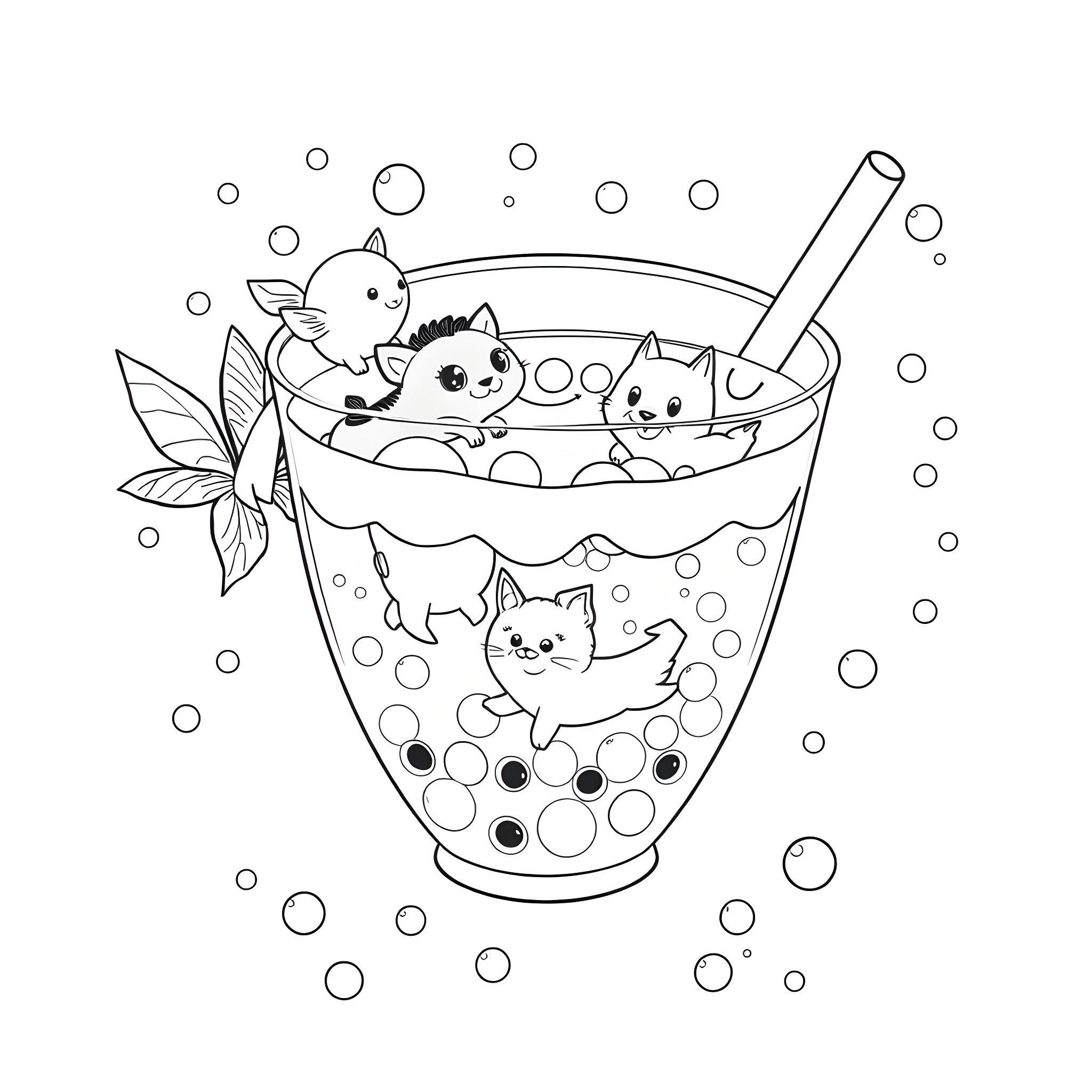 Animal Kittens Playing in a Bubble Bath Coloring Page (free black-and-white line drawing printable PDF for all, from beginners to advanced learners, including children, teens, adults, and seniors)