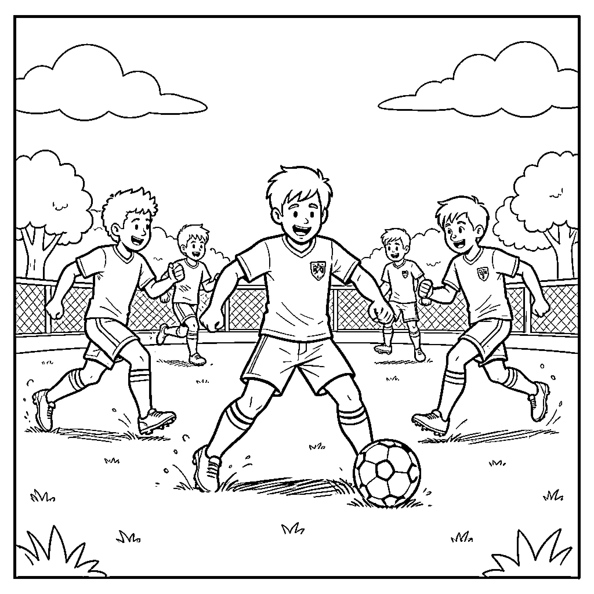 Ternurin Children Playing Soccer Outdoors Coloring Page (free black-and-white line drawing printable PDF for all, from beginners to advanced learners, including children, teens, adults, and seniors)