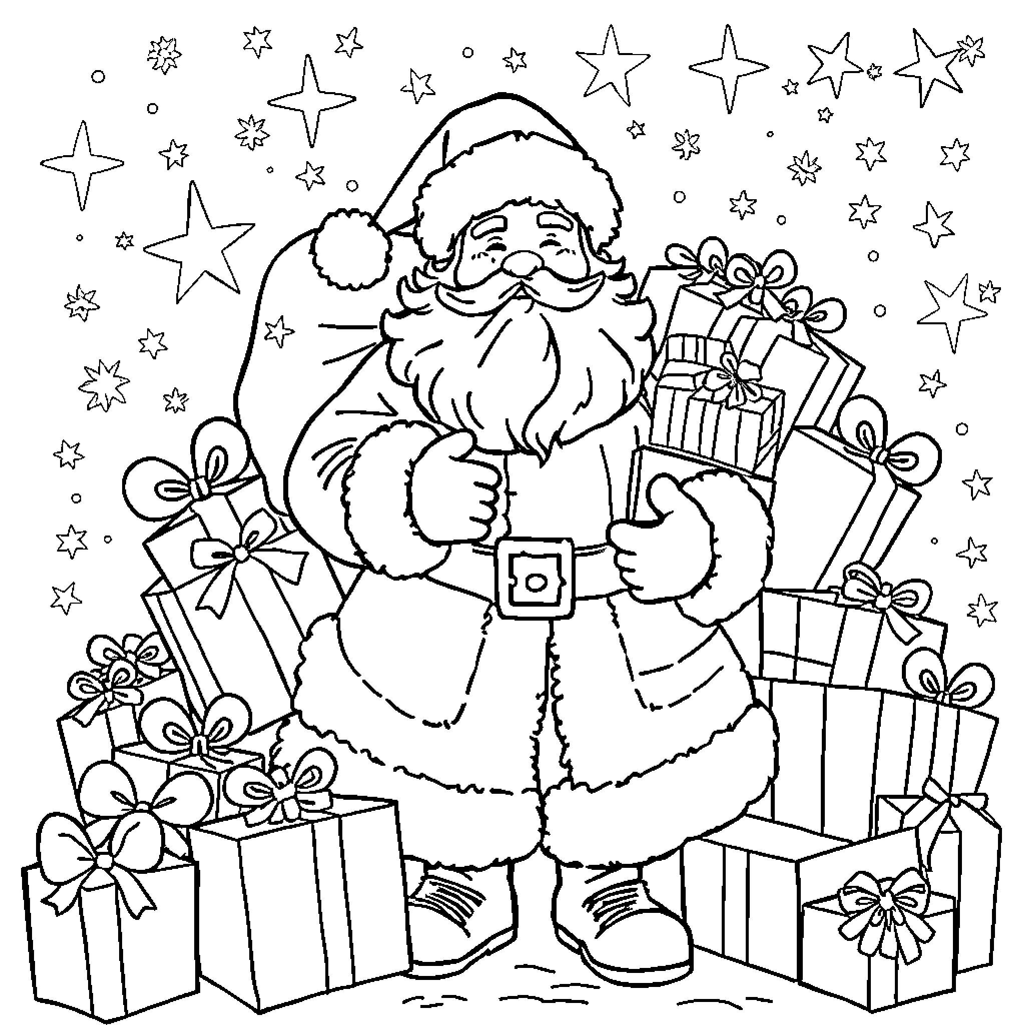 Père Noël surrounded by gifts and stars Coloring Page (free black-and-white line drawing printable PDF for all, from beginners to advanced learners, including children, teens, adults, and seniors)