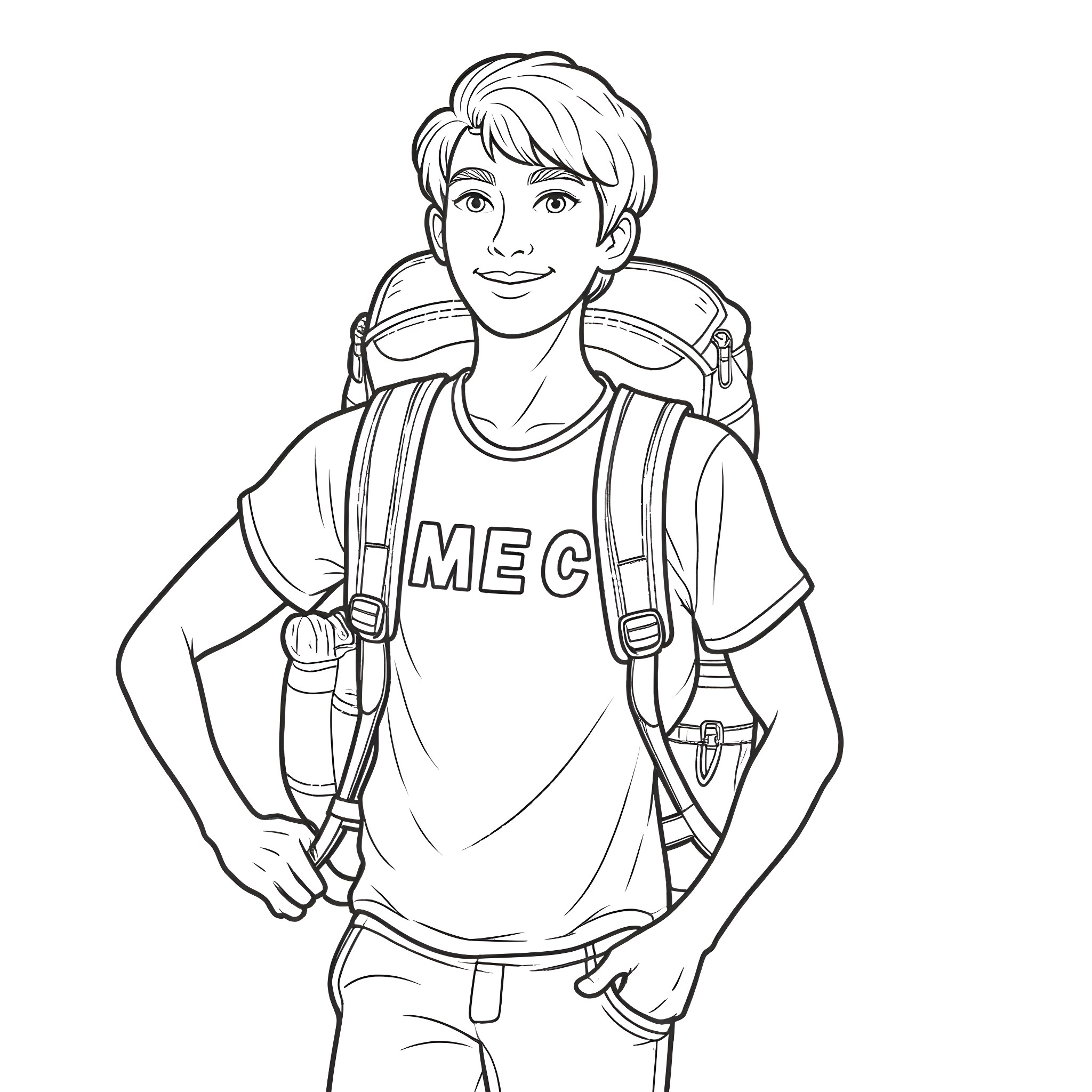 Person wearing backpack and 'MECH' shirt in casual pose Coloring Page (free black-and-white line drawing printable PDF for all, from beginners to advanced learners, including children, teens, adults, and seniors)