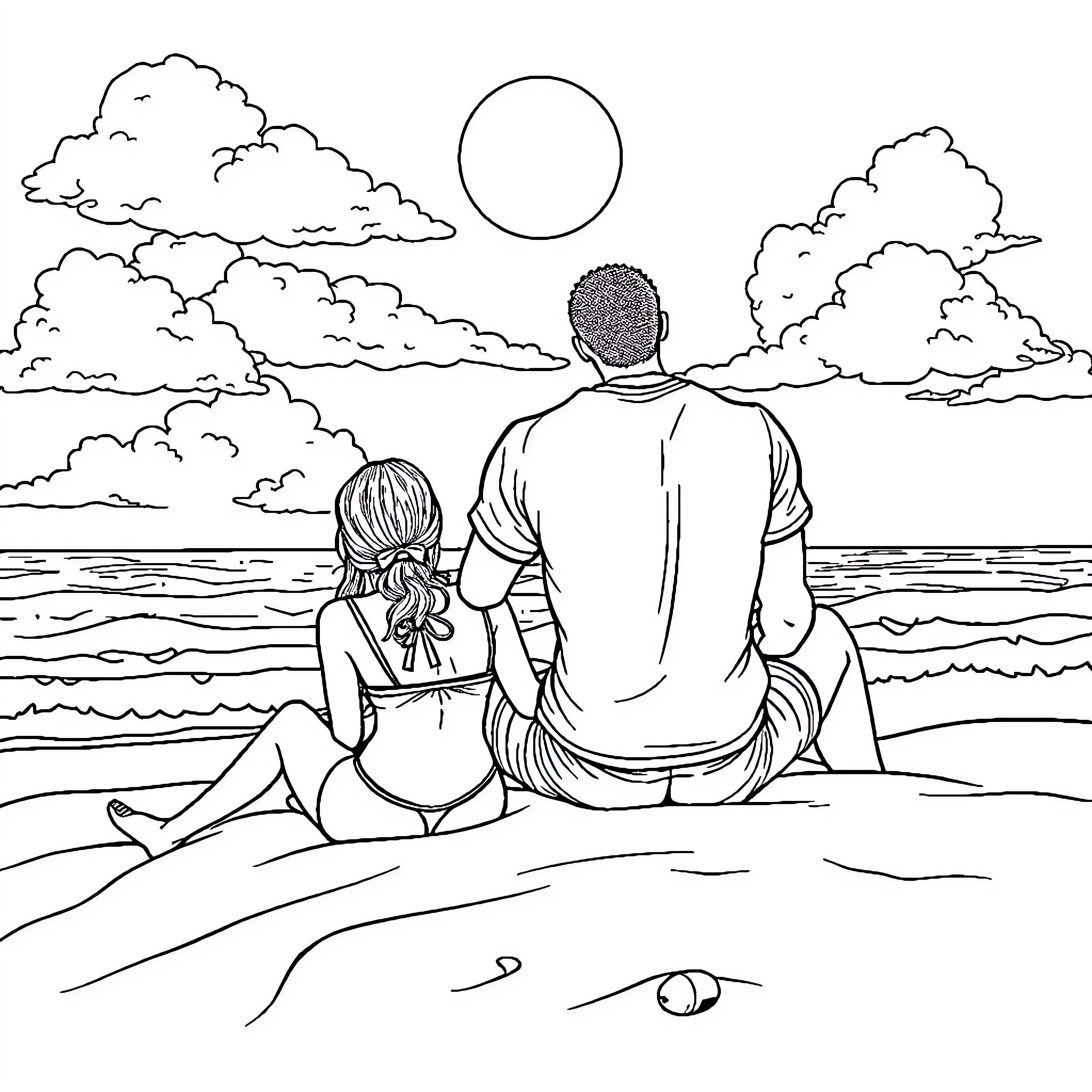 Beach scene with couple watching sunset Coloring Page (free black-and-white line drawing printable PDF for all, from beginners to advanced learners, including children, teens, adults, and seniors)
