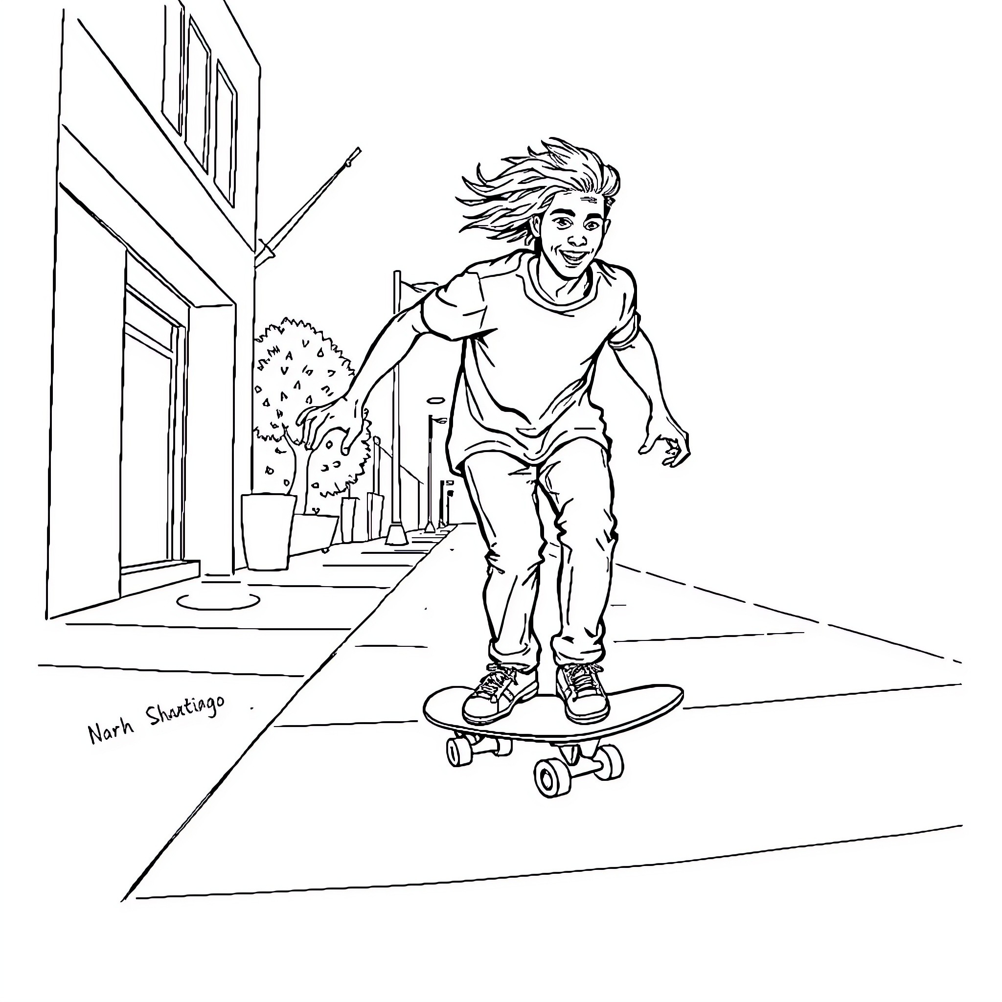Marcus Baker skateboarding in the city Coloring Page (free black-and-white line drawing printable PDF for all, from beginners to advanced learners, including children, teens, adults, and seniors)