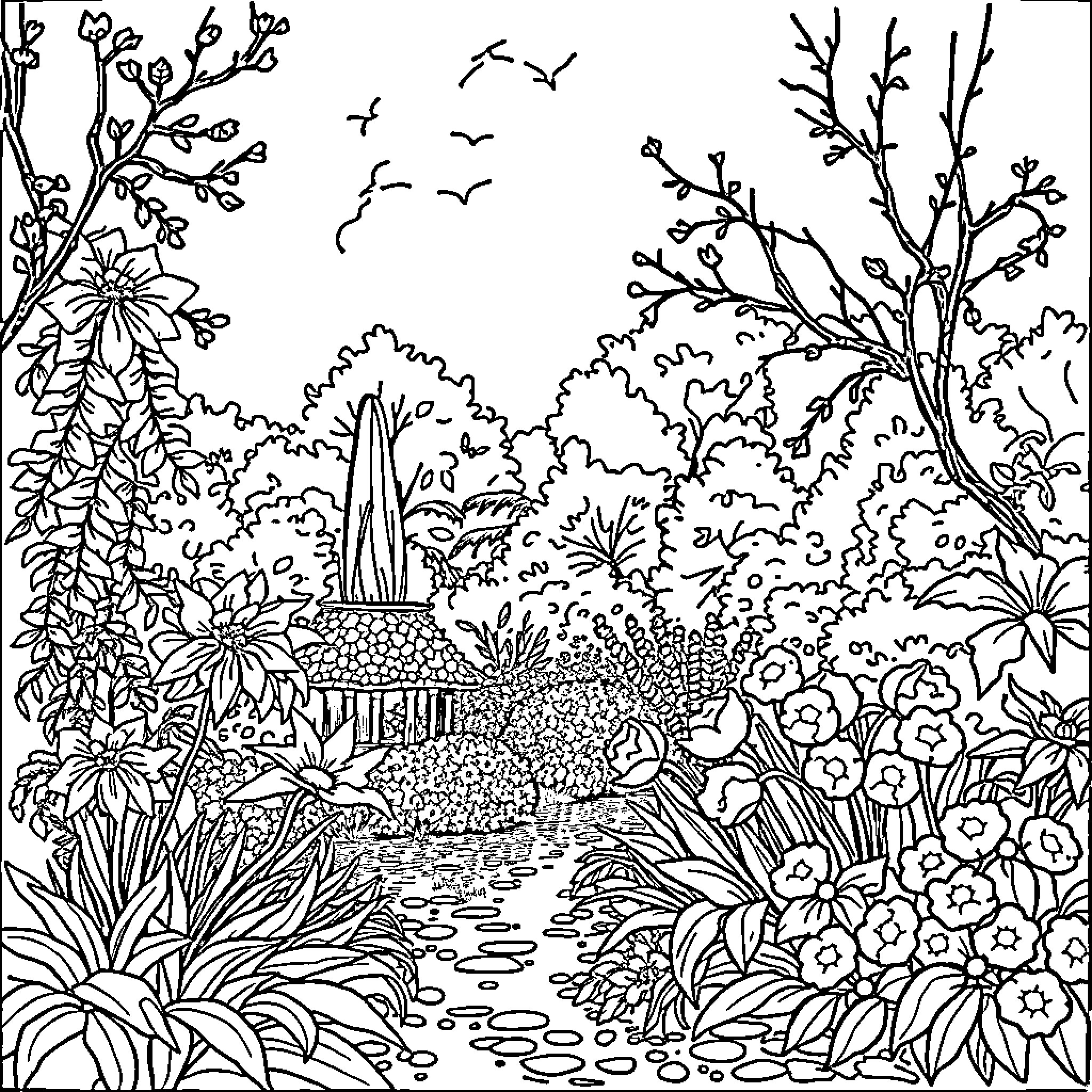 Monet's Serene Floral Paradise Coloring Page (free black-and-white line drawing printable PDF for all, from beginners to advanced learners, including children, teens, adults, and seniors)