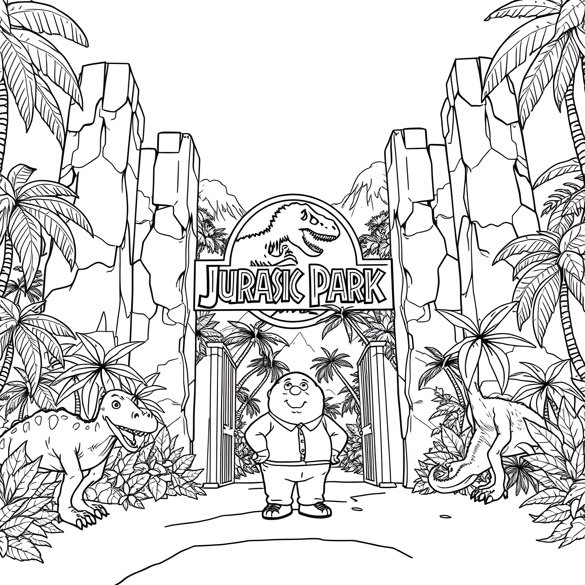 Jurassic Park - Characters and Dinosaurs in the Jungle Coloring Page (free black-and-white line drawing printable PDF for all, from beginners to advanced learners, including children, teens, adults, and seniors)